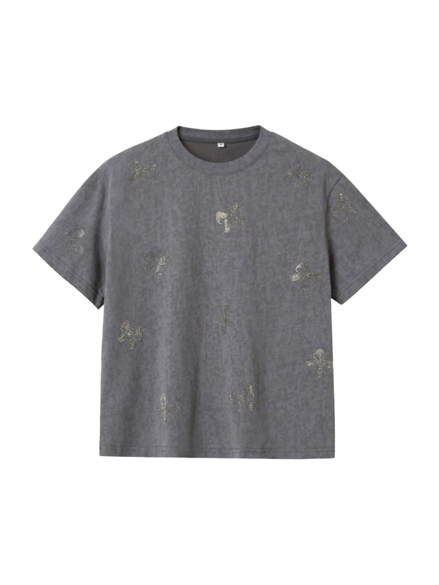 DIDDI MODA Butterfly Bow Crystal Embellished Oversized Tee