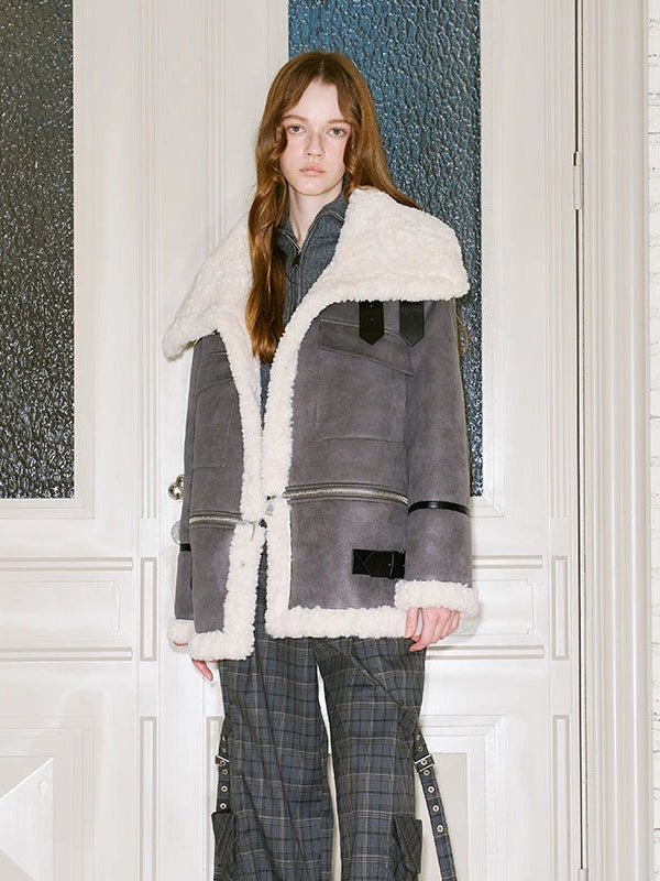 Detachable Reversible Faux Leather Shearling Coat With Oversized Collar