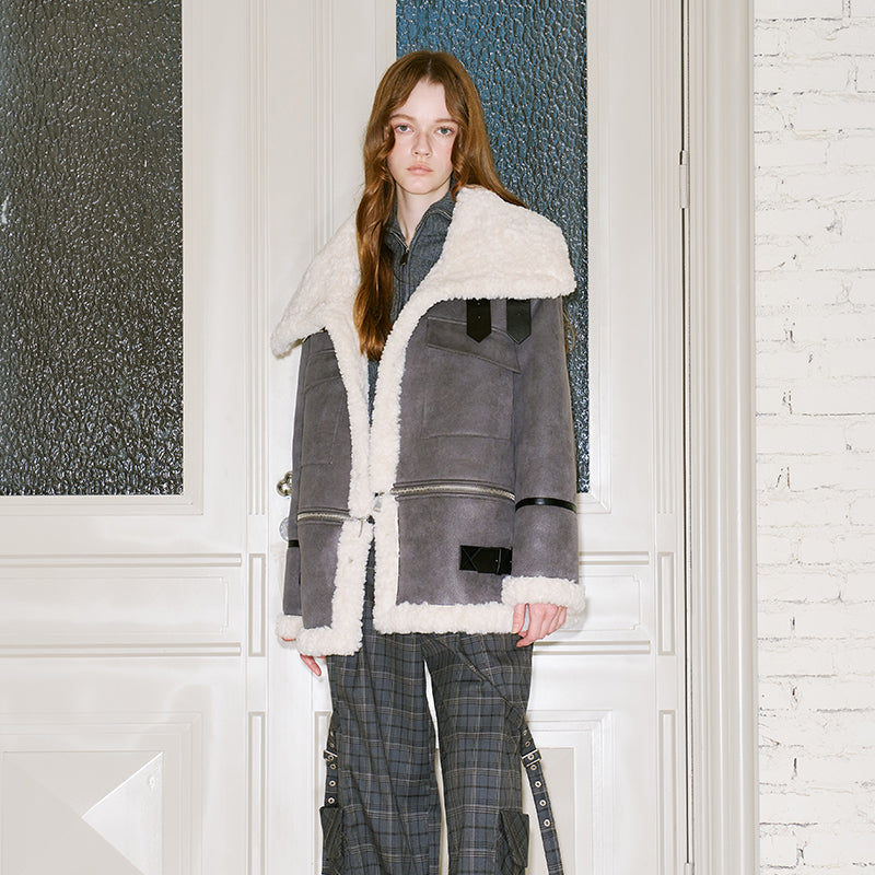 DIDDI MODA Detachable Reversible Faux Leather Shearling Coat With Oversized Collar