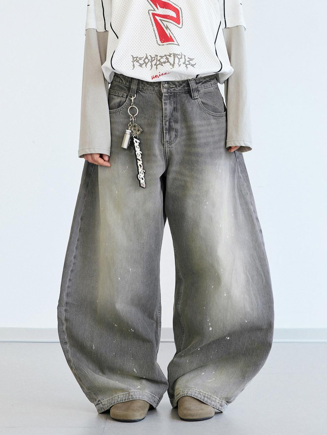 Peoplesense Ink Wash Gray Wide Leg Jeans Loose Fit 3 D Cotton