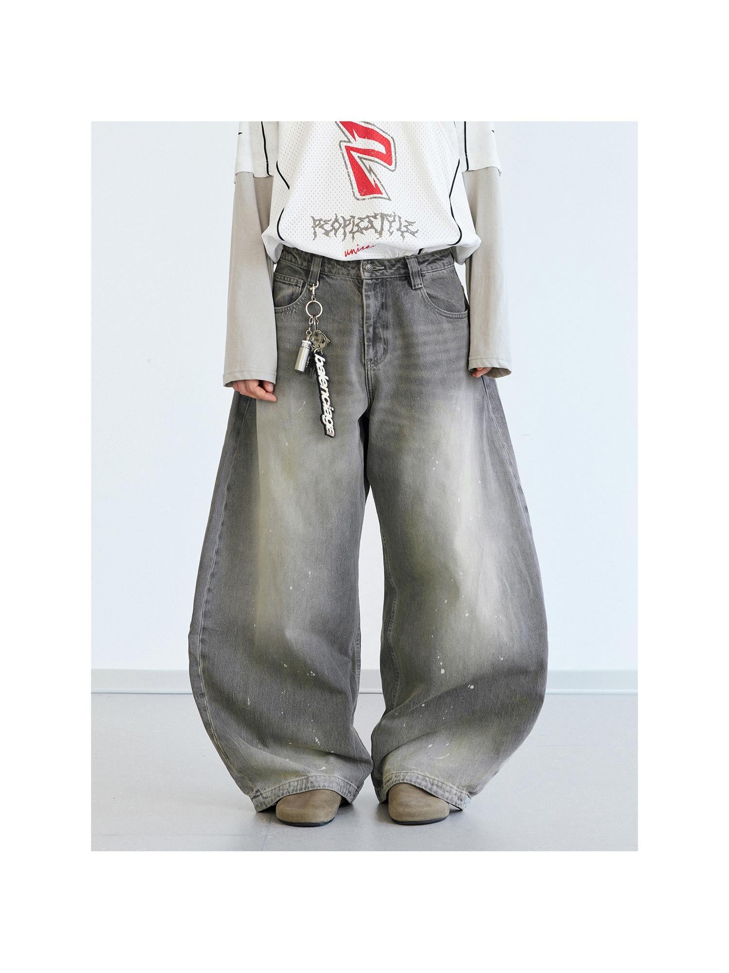 Peoplesense Ink Wash Gray Wide Leg Jeans Loose Fit 3 D Cotton