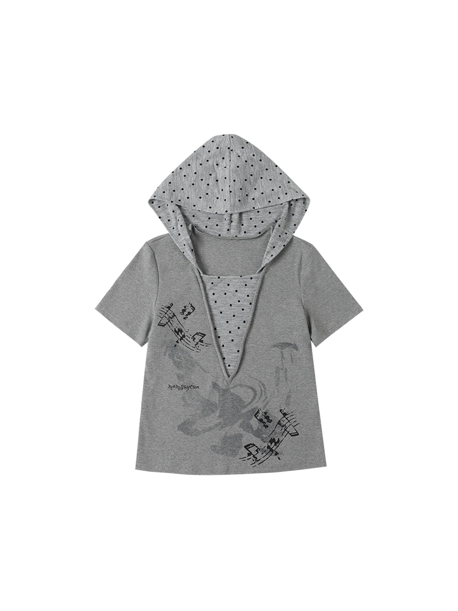 MOMSYCAN FOX LINE Summer Loose Hooded Tee With Dot Print False Layering