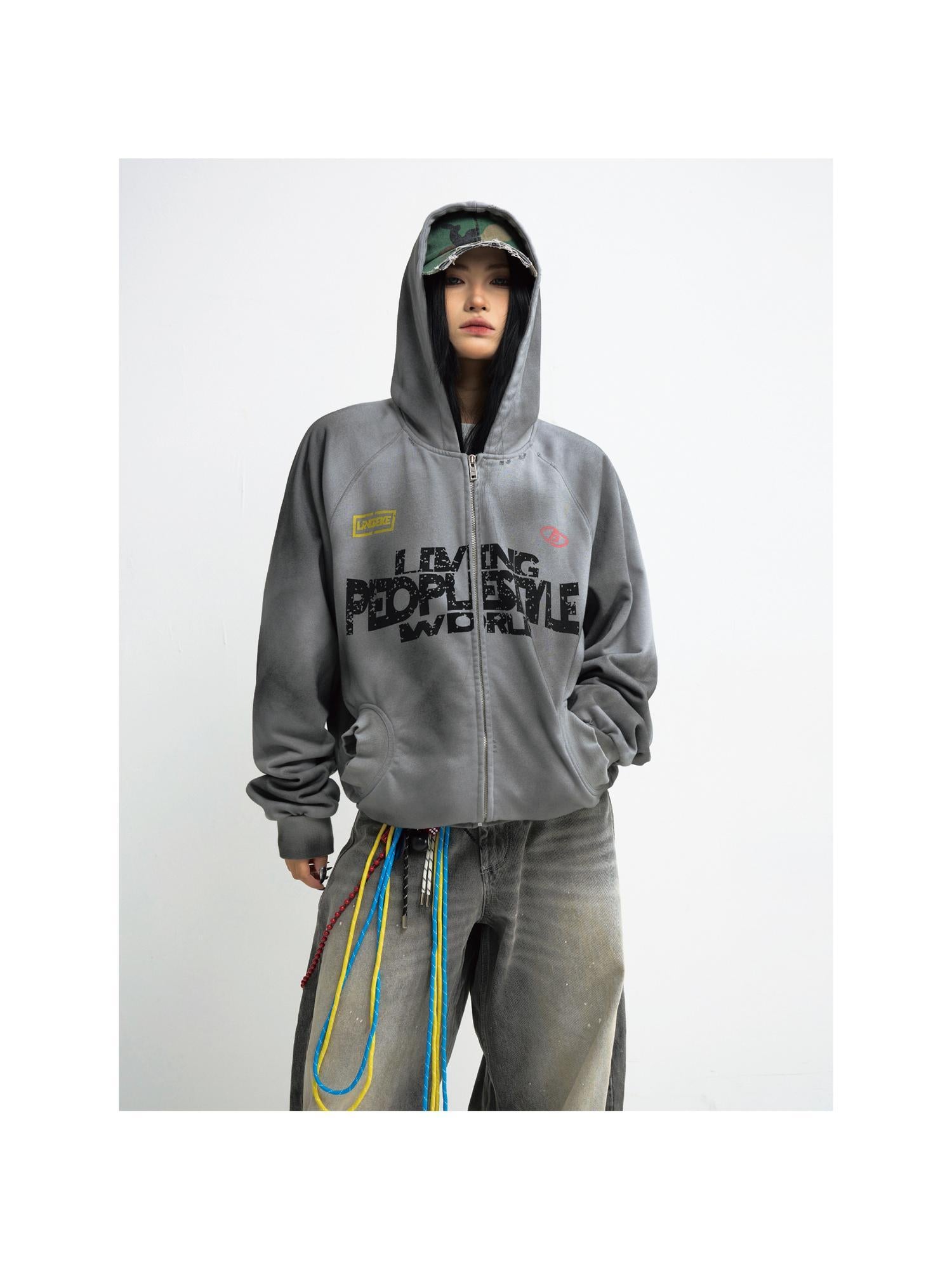 Peoplesense Vintage Washed Gradient Hoodie Distressed Oversized Sweatshirt