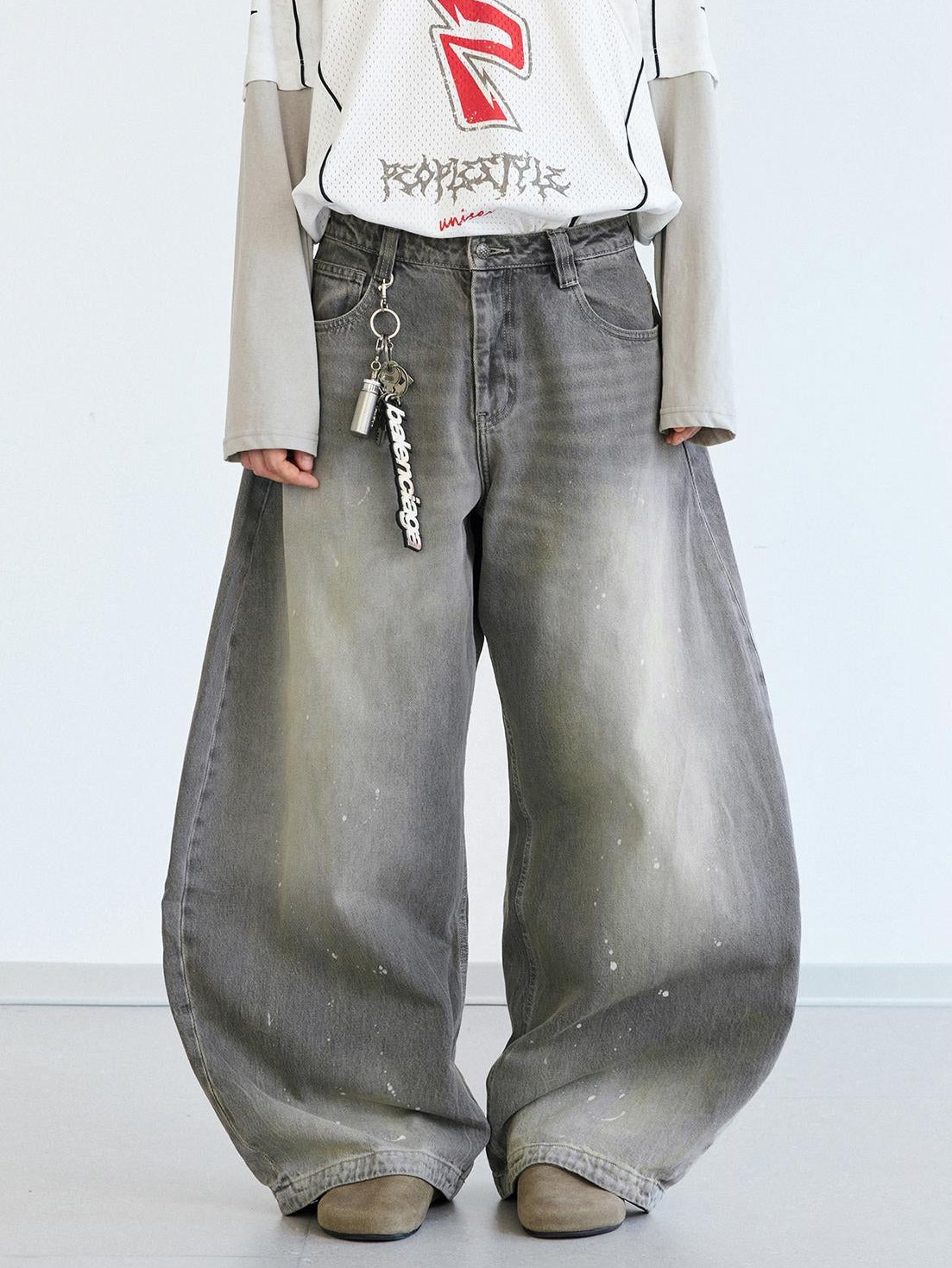 Peoplesense Ink Wash Gray Wide Leg Jeans Loose Fit 3 D Cotton