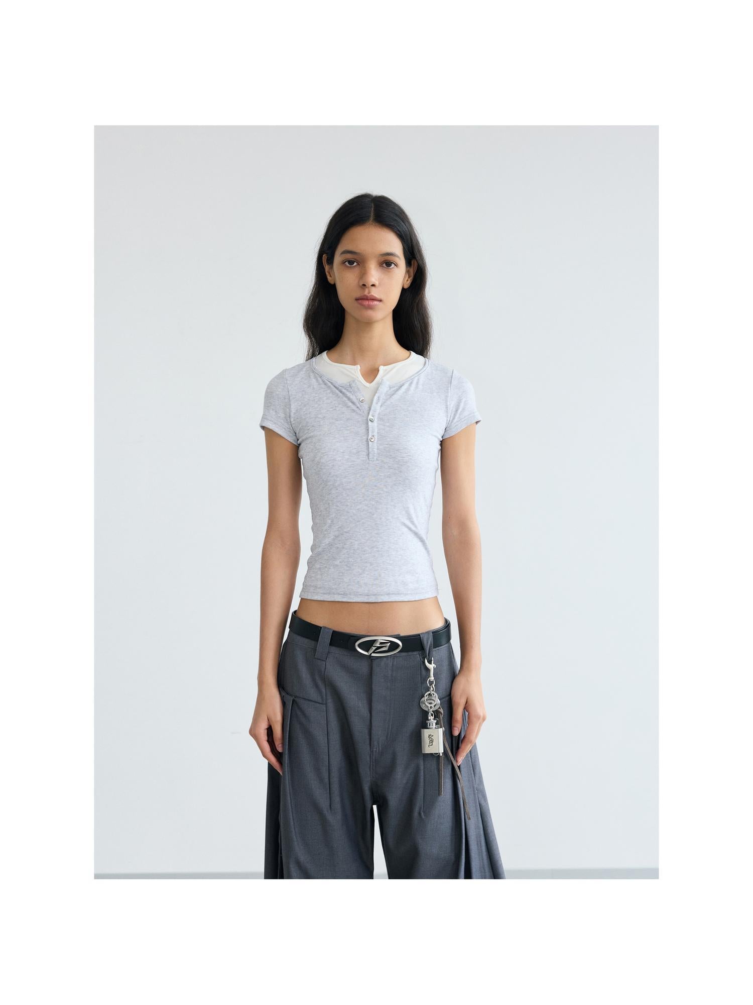 Peoplesense Fake Two Piece Slim Fit Cropped Tee With Belted Right Shoulder