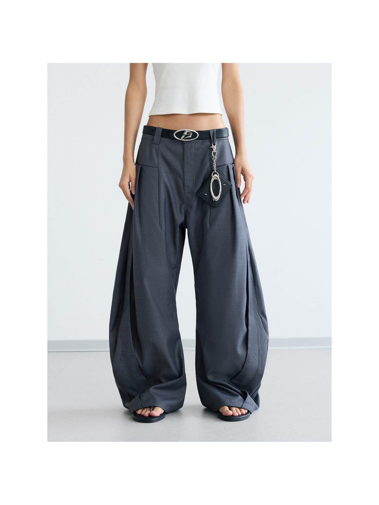 Peoplesense Pleated Scimitar Trousers With Slip Pockets Polyester Loose Fit