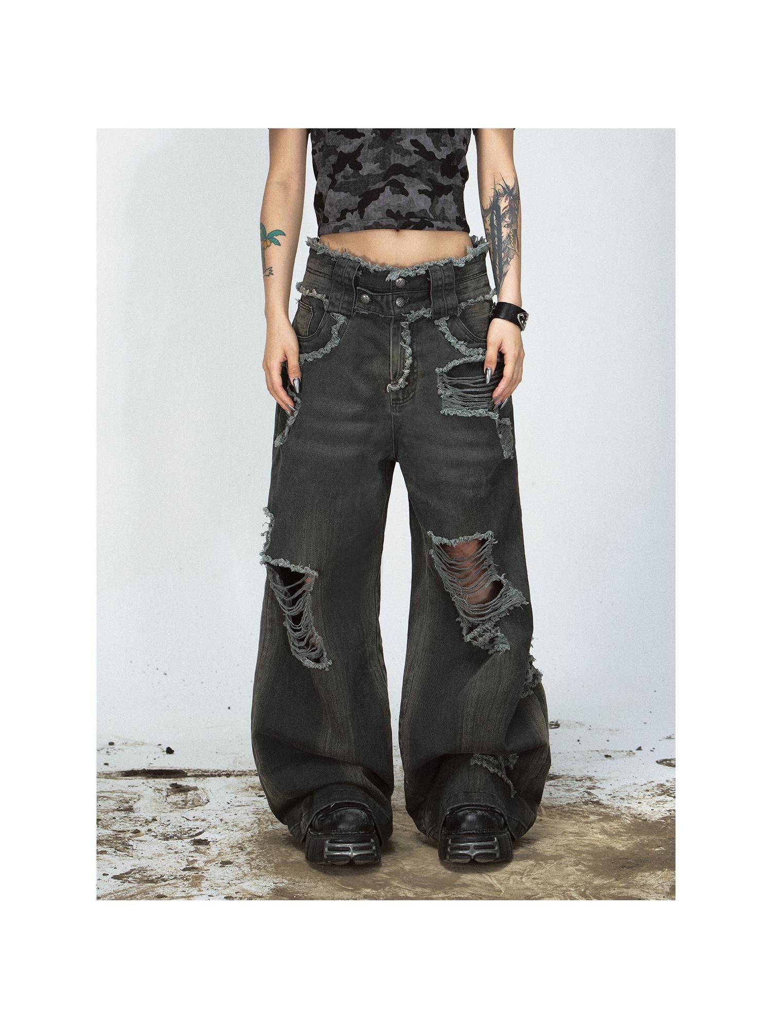 Peoplesense Vintage Washed Distressed Loose Fit Wide Leg Denim Jeans