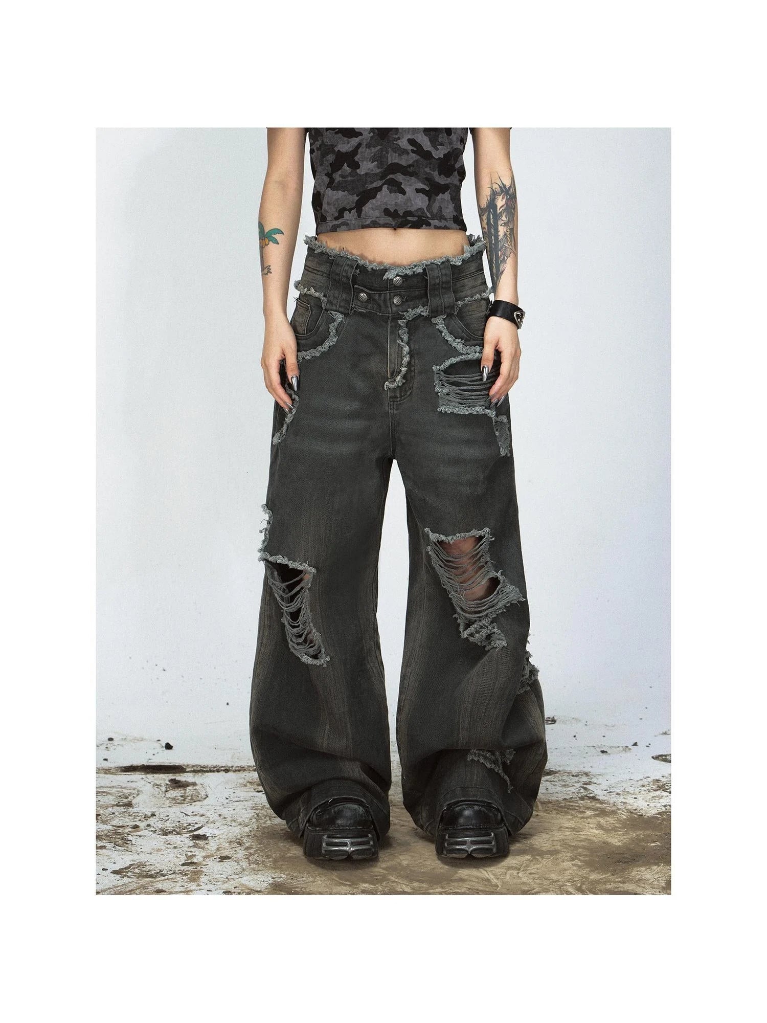 Vintage Washed Distressed Loose Fit Wide Leg Denim Jeans