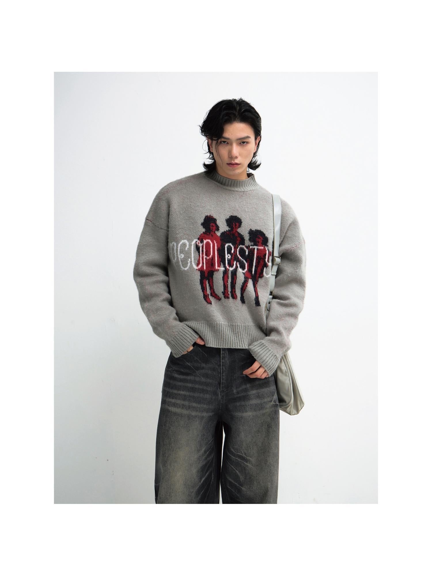 Peoplesense Grey Winter Lazy Print Knit Sweater Cozy Casual Pullover