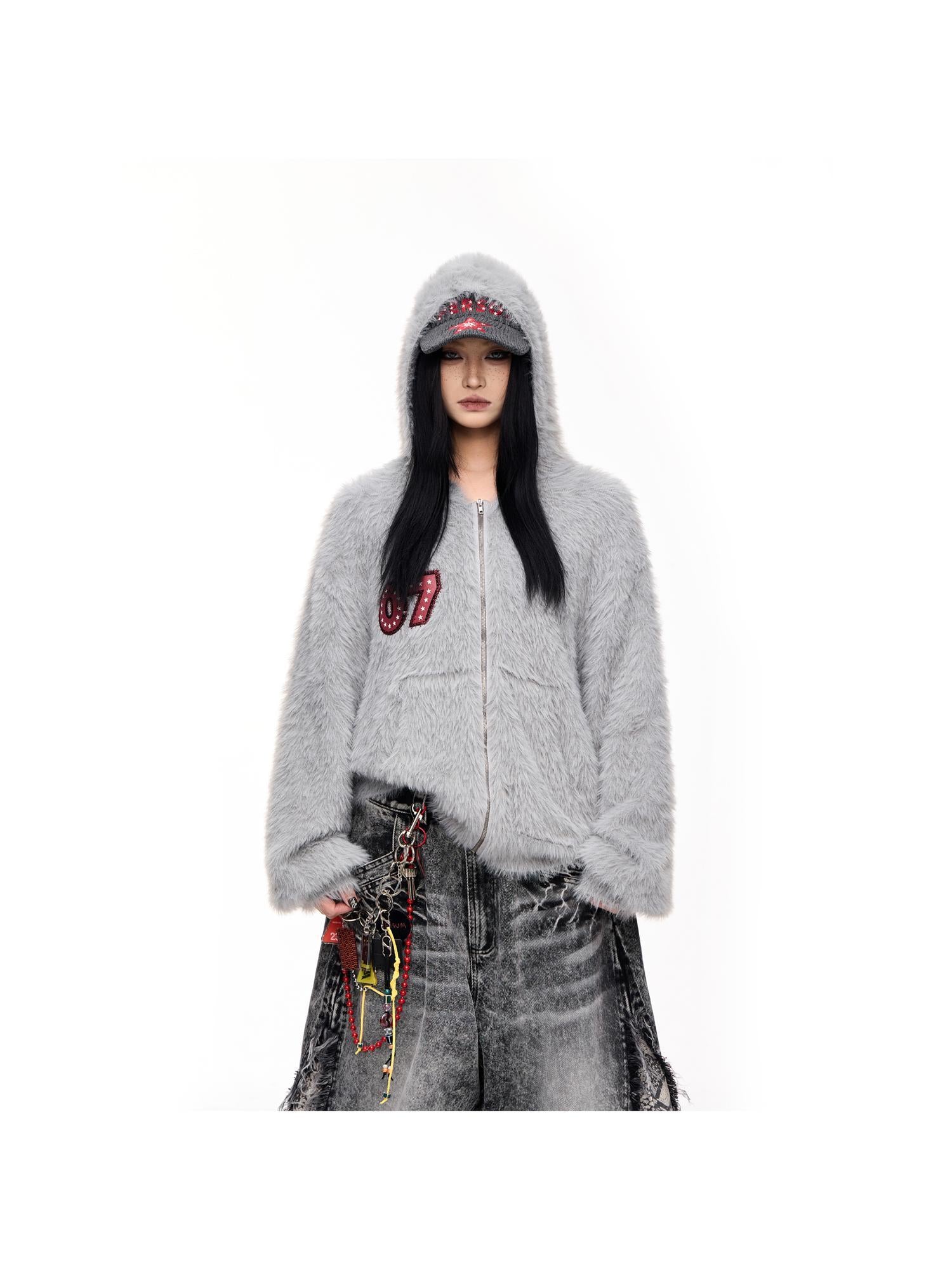 Peoplesense Loose Fit Imitation Sable Wool Hooded Cardigan With Embroidery