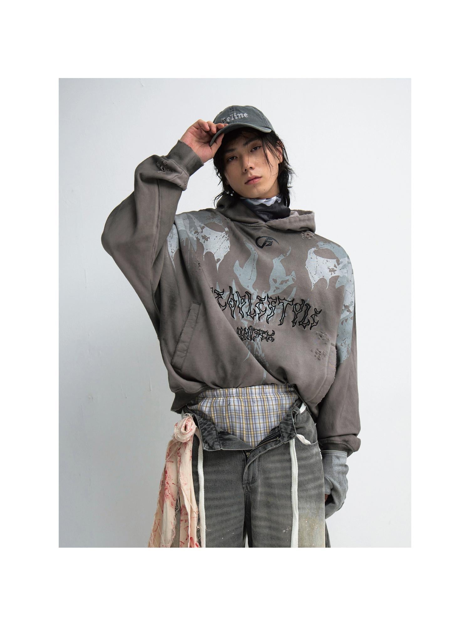 Peoplesense Vintage Washed Embroidered Hoodie Unisex Loose Fit Painterly Style