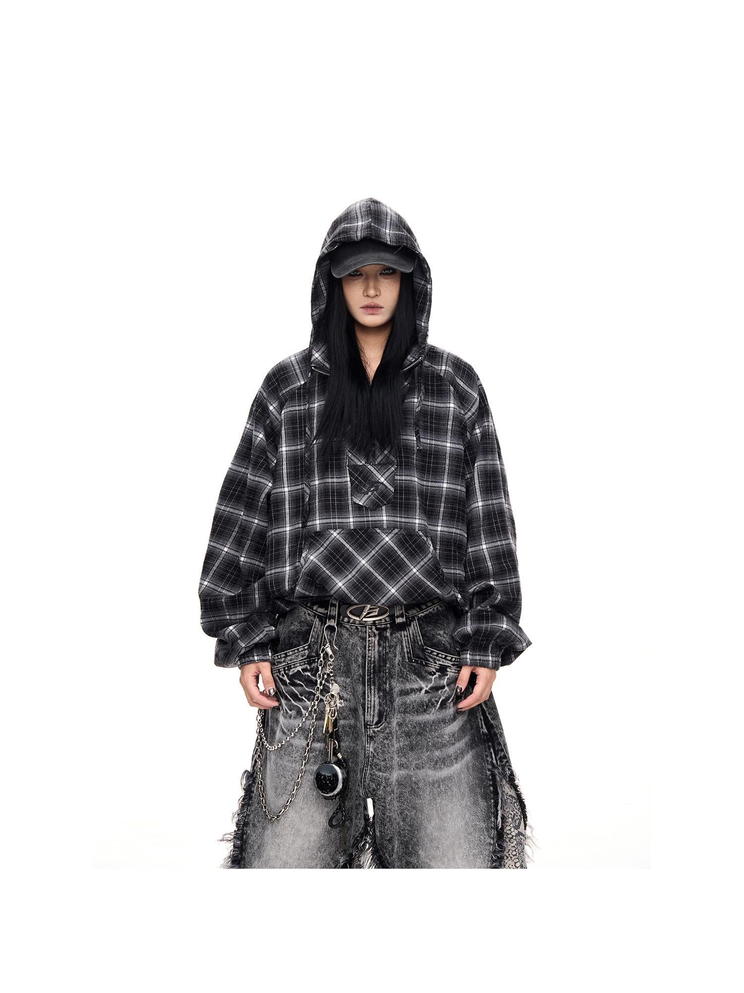 Peoplesense Unisex Checkered Contrast Drawstring Half Zip Hoodie