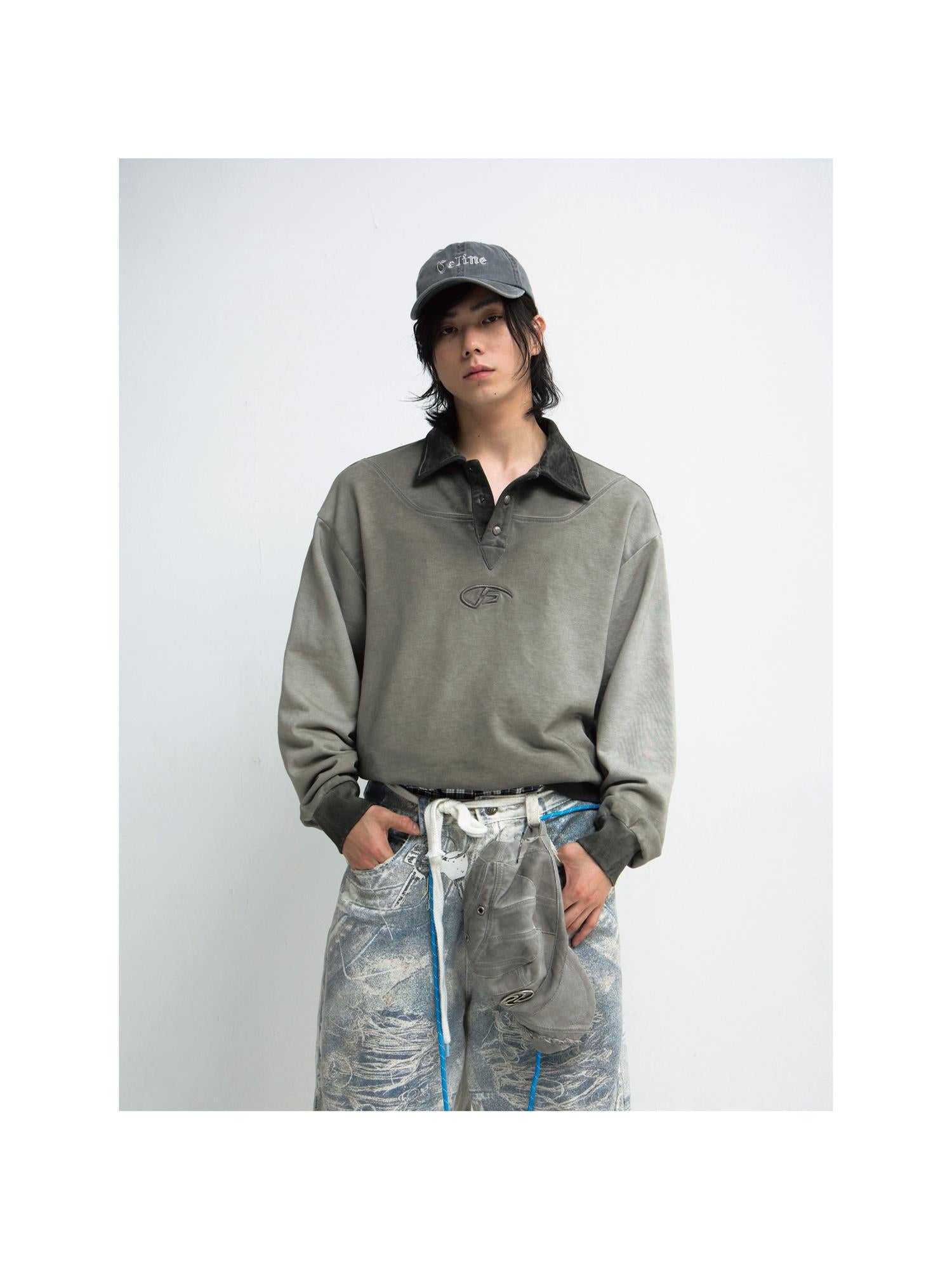 Peoplesense Vintage Washed Unisex Polo Collar Long Sleeve Tee