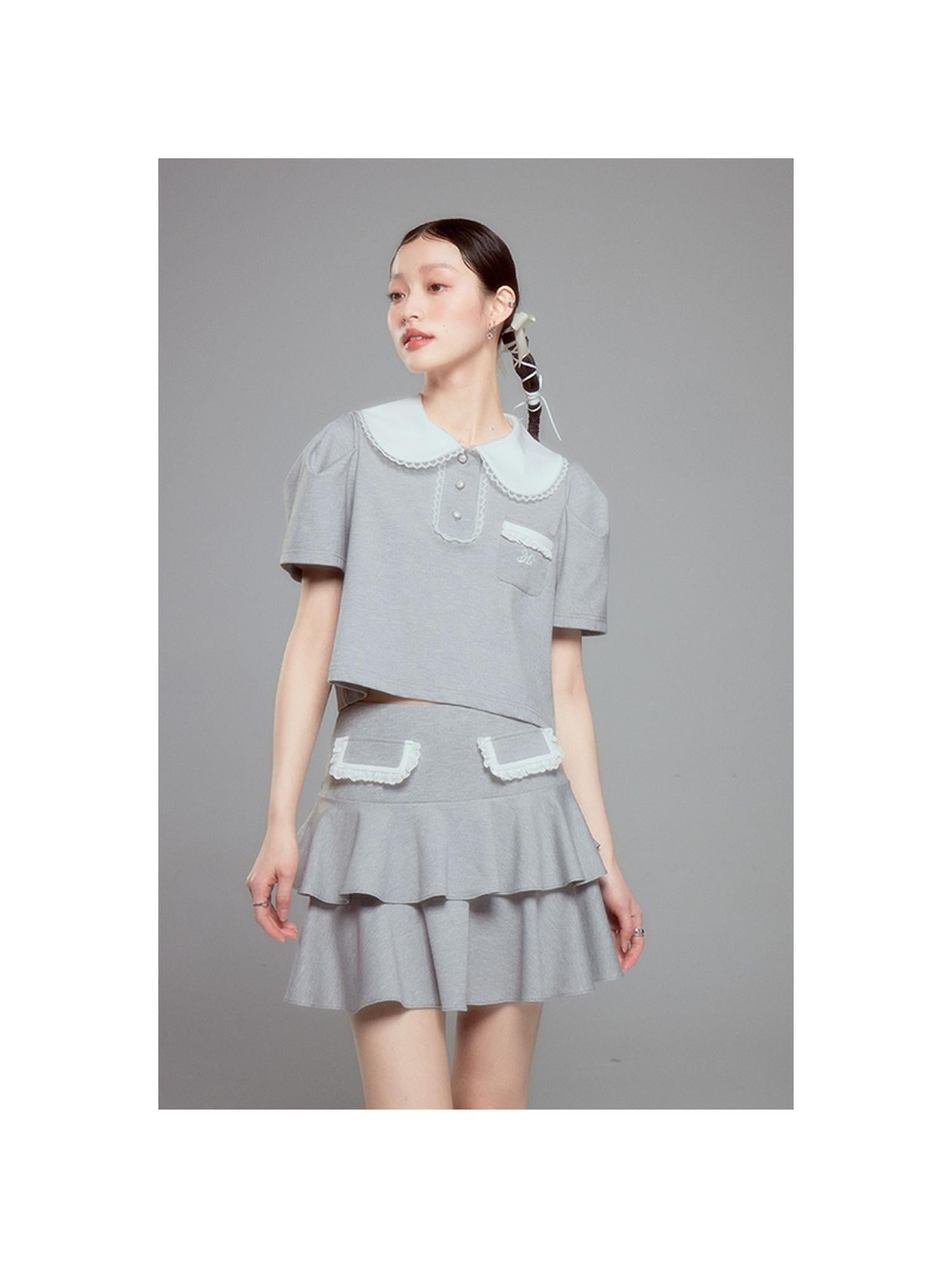 DIDDI MODA Balletcore Knit Set Soft Contrast Trim Top Skirt