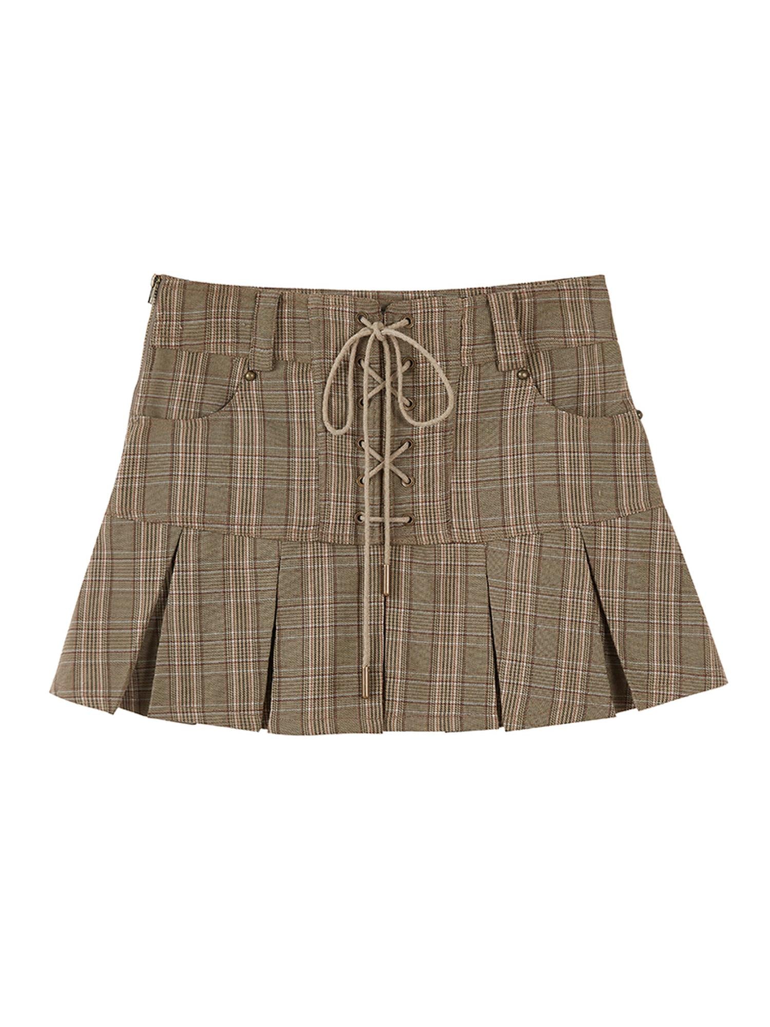 DIDDI MODA Cross Lace Vintage Pleat Denim Skirt