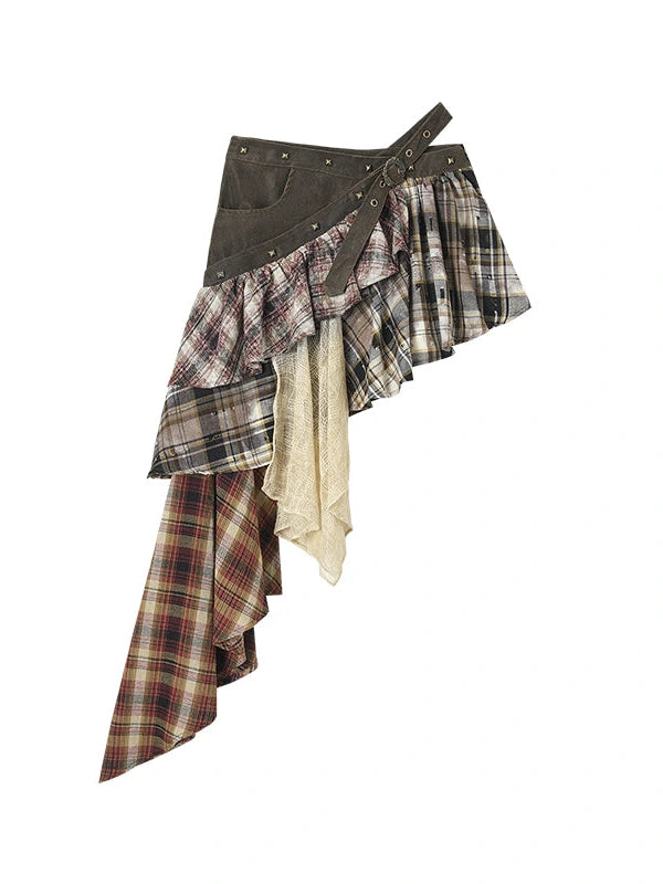 Vintage Punk Plaid Asymmetrical Skirt Women Street Style