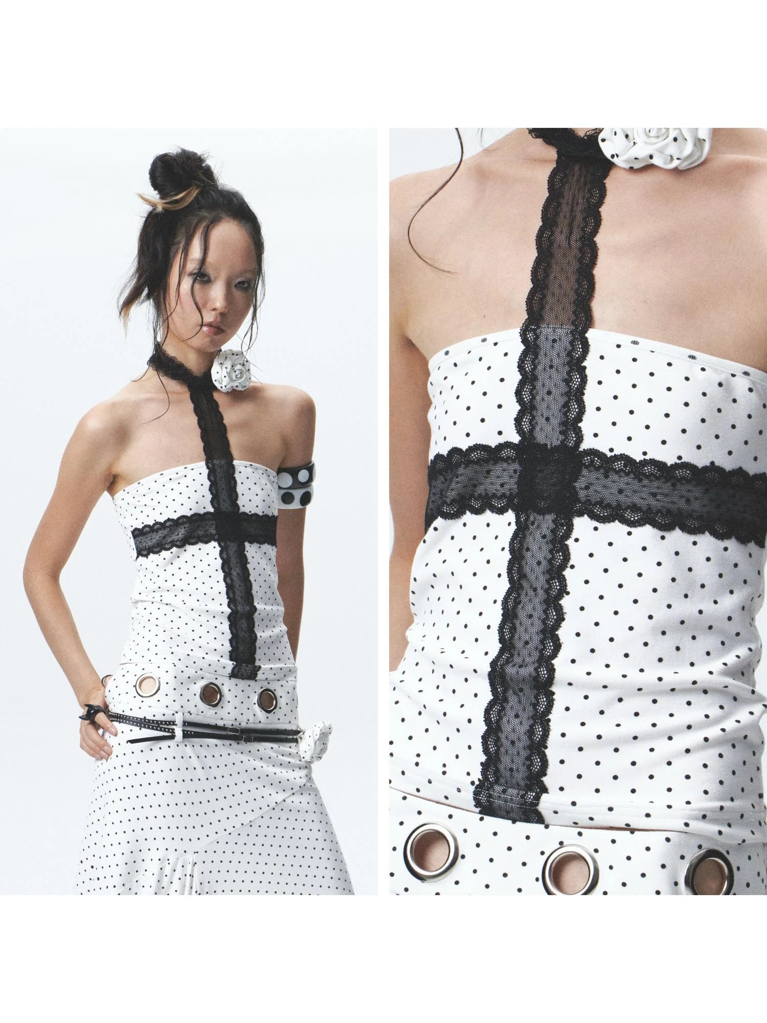 Rebellious Polka Dot Elastic Top Skirt Set With Detachable Flowers