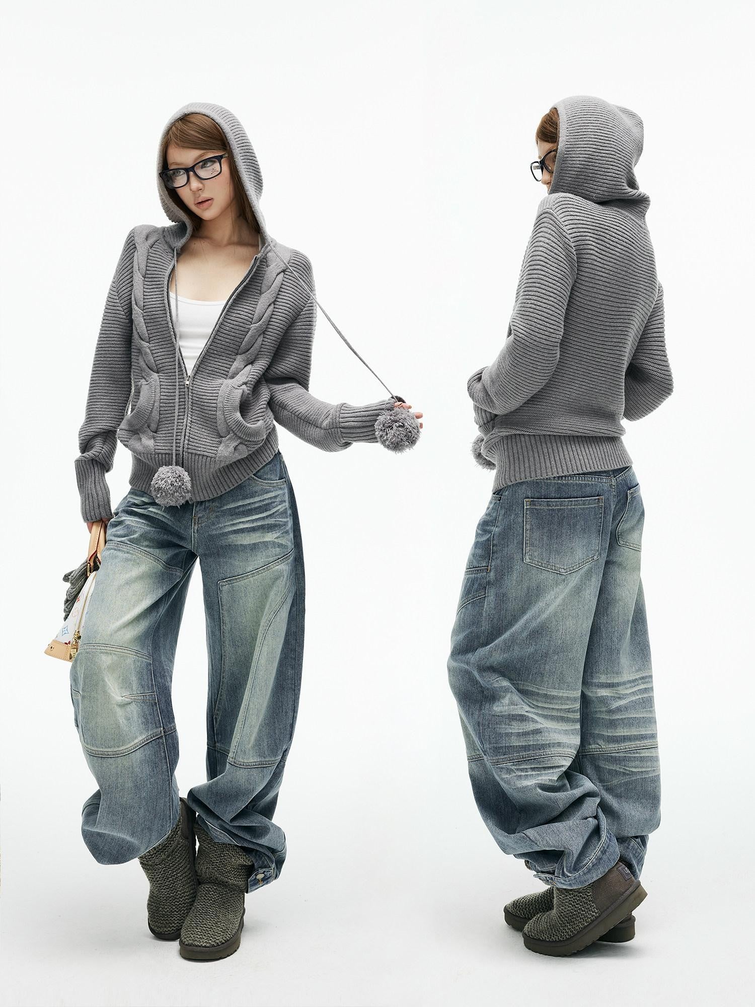 iamxiaa 3d Cable Double Face Knit Hooded Pompom Short Loose Women&