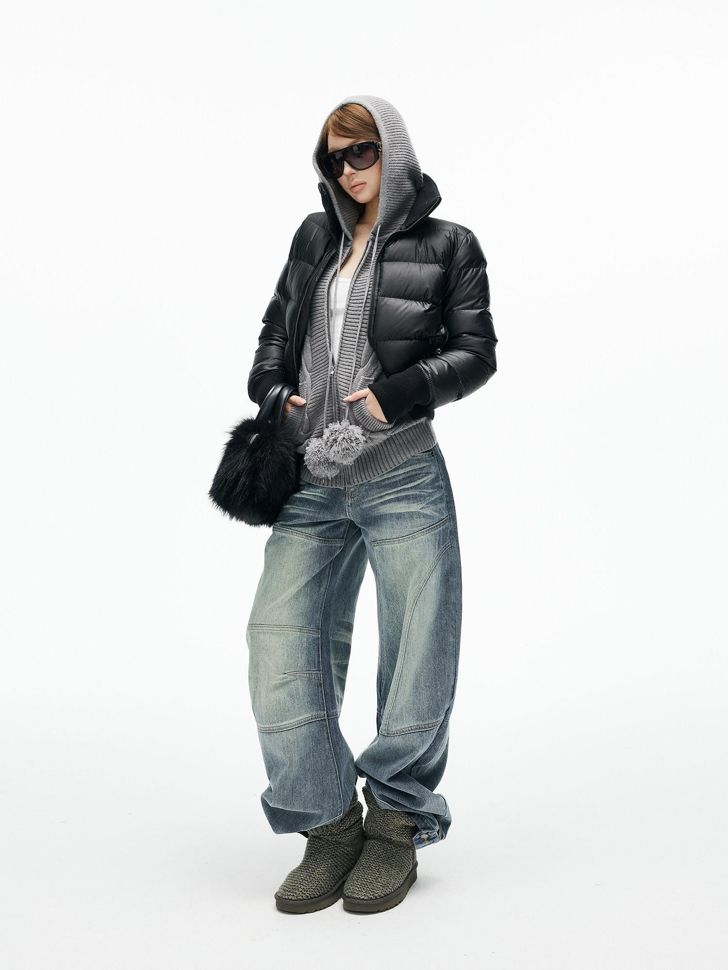 iamxiaa 3d Cable Double Face Knit Hooded Pompom Short Loose Women&