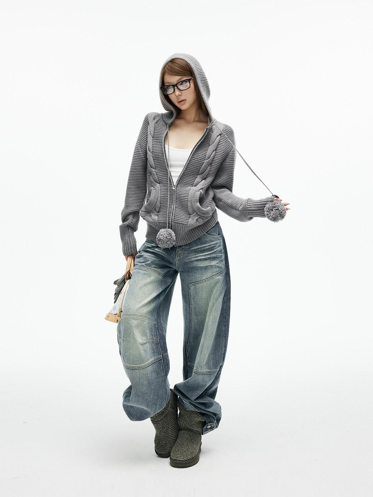 iamxiaa 3d Cable Double Face Knit Hooded Pompom Short Loose Women&
