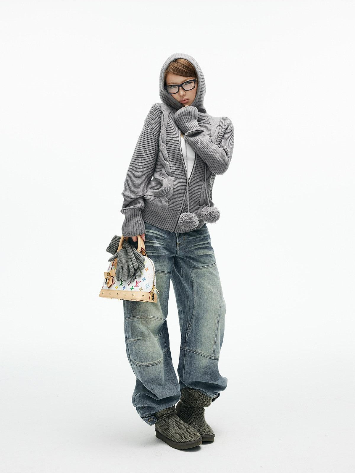 iamxiaa 3d Cable Double Face Knit Hooded Pompom Short Loose Women&