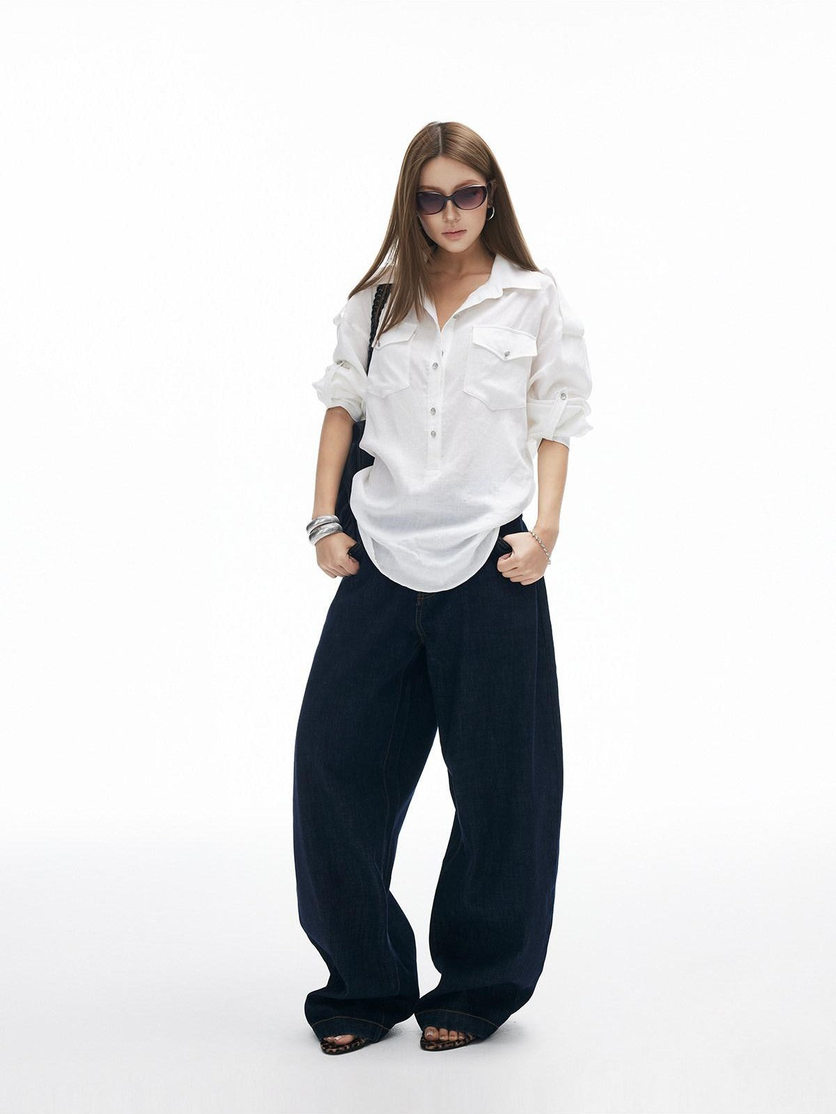 iamxiaa Adjustable Sleeve Tabs Back Tie Metal Buttons Women&