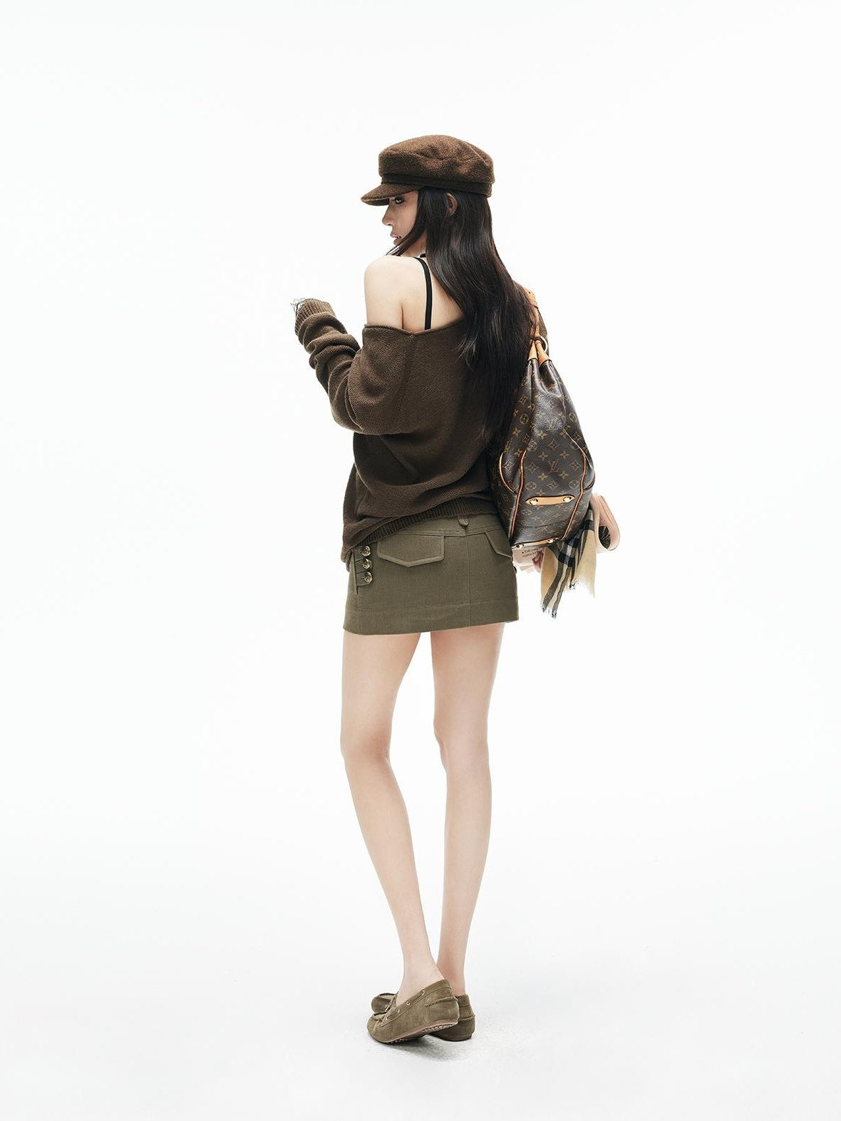 iamxiaa Army Green Low Waist Embossed Bronze Button Women&