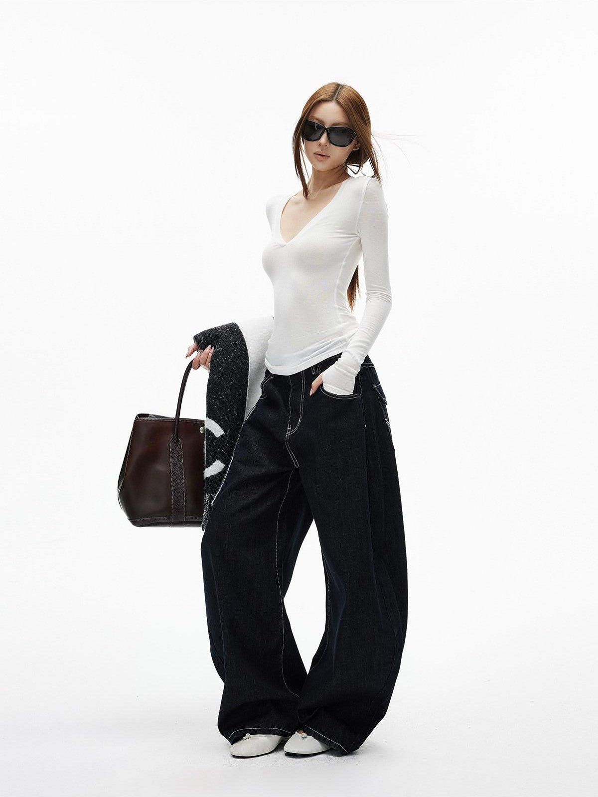iamxiaa Black Contrast Topstitch Curved Leg Women&