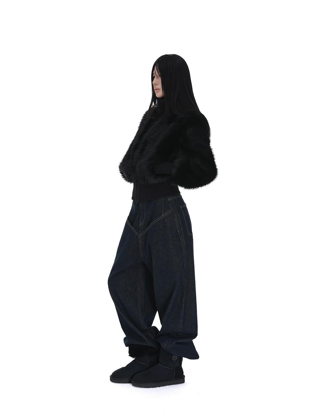 iamxiaa Black Cropped Stand Collar Zipper Petite Women&