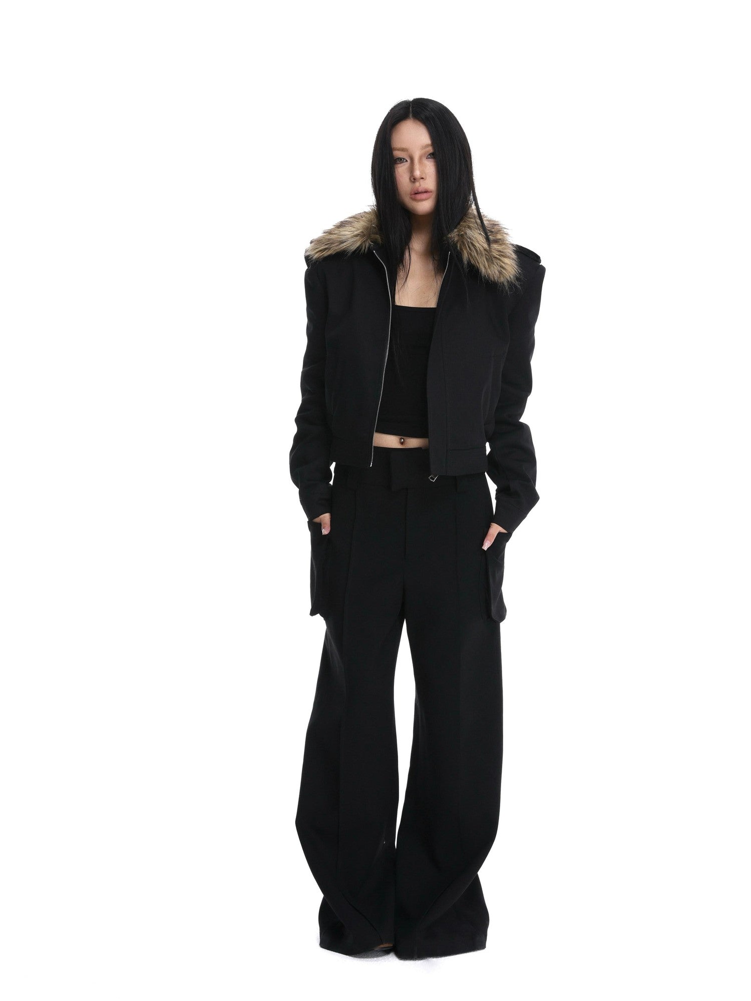 iamxiaa Black Detachable Fur Collar Cropped Petite Women&