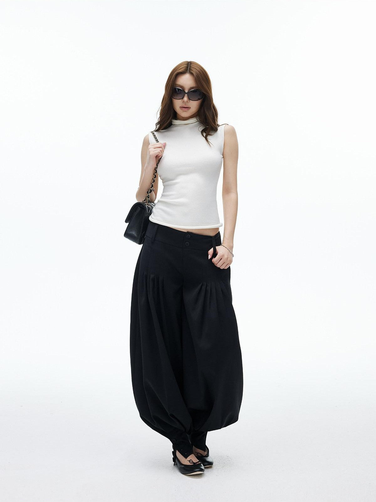 iamxiaa Black Double Buckle Wide Waist Lantern Pleated Low Rise Women&