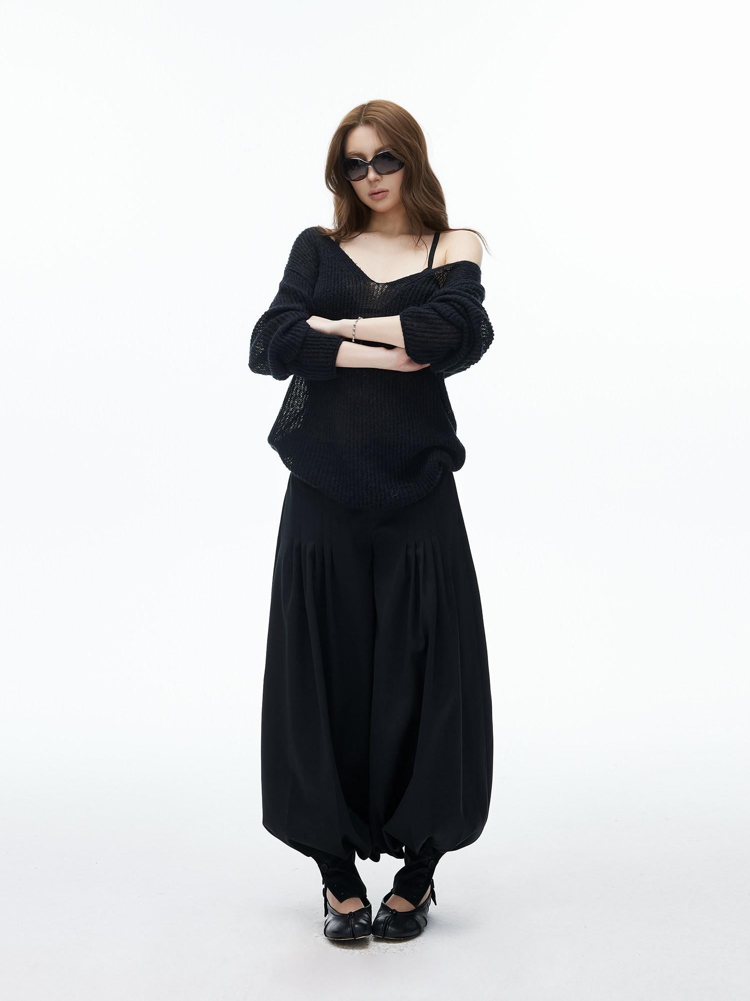 iamxiaa Black Double Buckle Wide Waist Lantern Pleated Low Rise Women&
