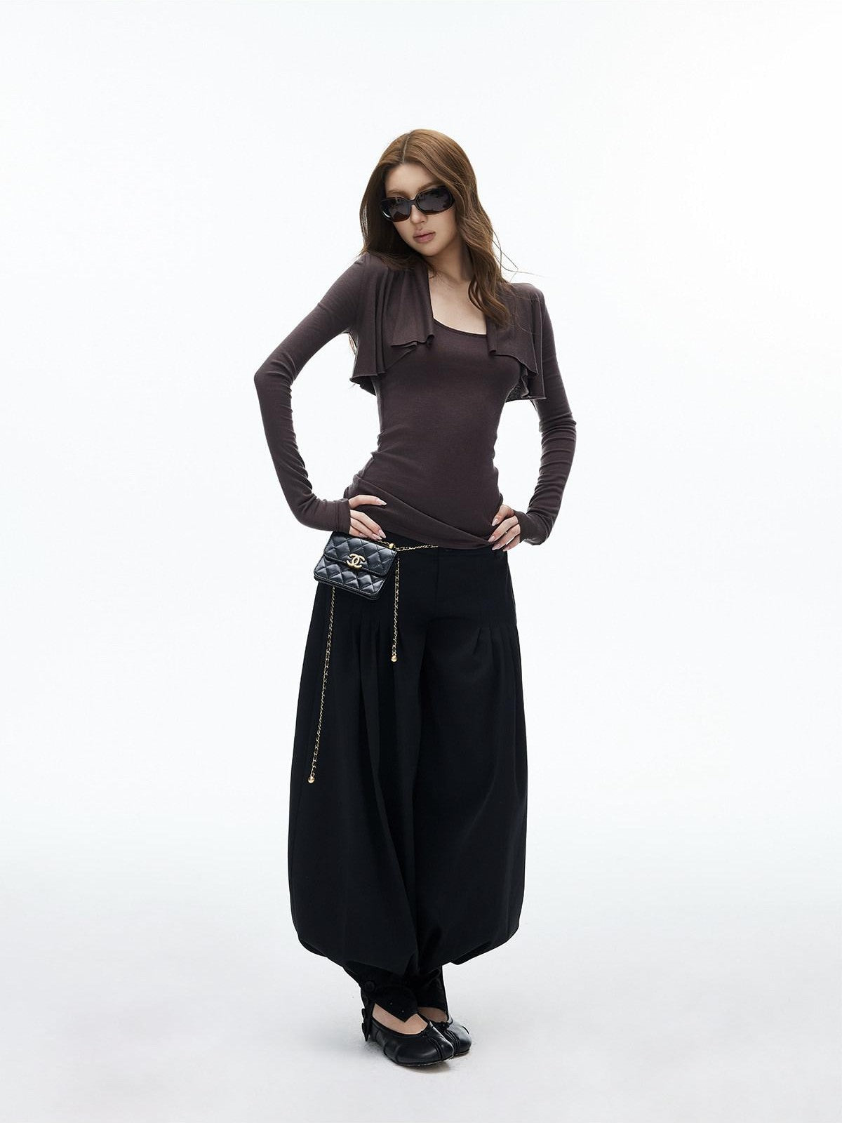 iamxiaa Black Double Buckle Wide Waist Lantern Pleated Low Rise Women&