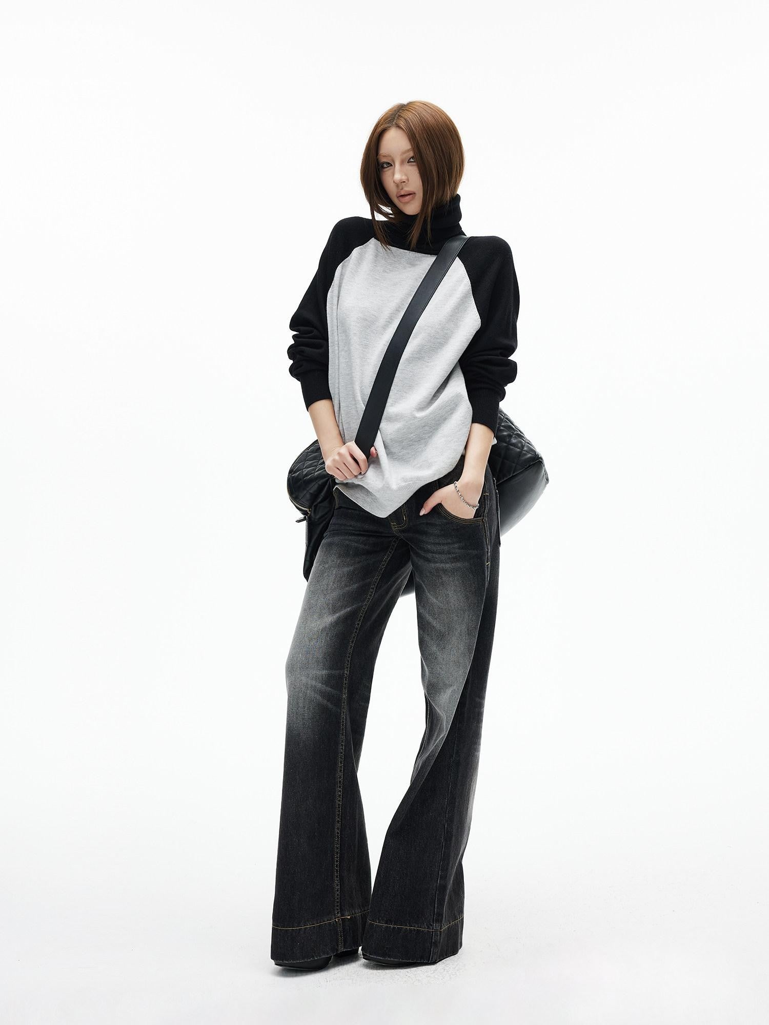 iamxiaa Black Gray Colorblock Raglan High Neck Women&