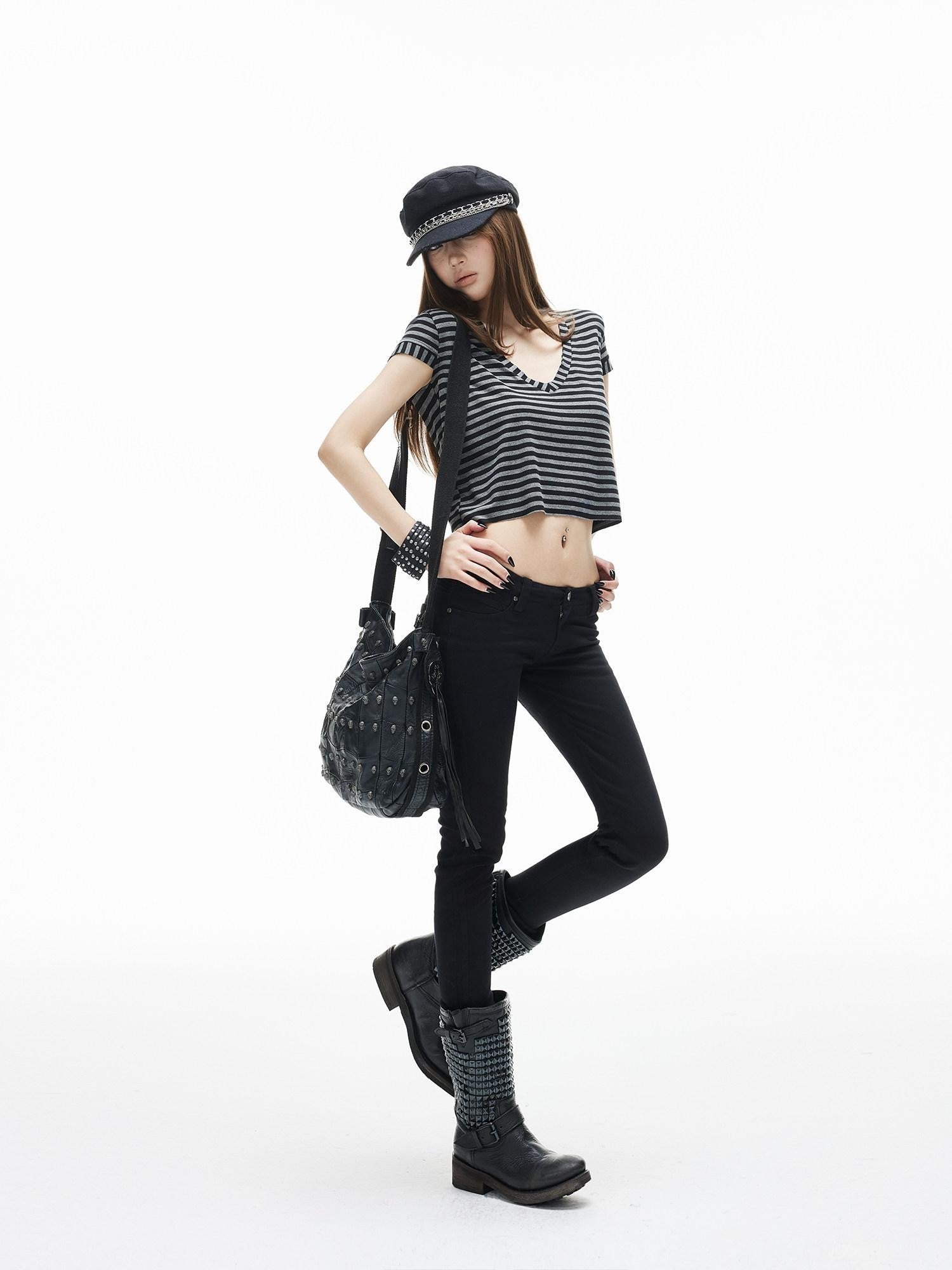 iamxiaa Black Gray Striped Sweetheart Flutter Sleeves Women&