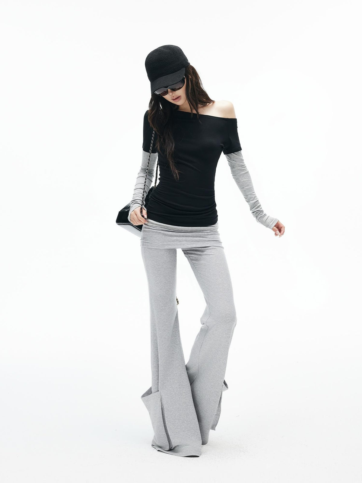 iamxiaa Black Grey Color Block Asymmetric One Shoulder Slim Fit Women&