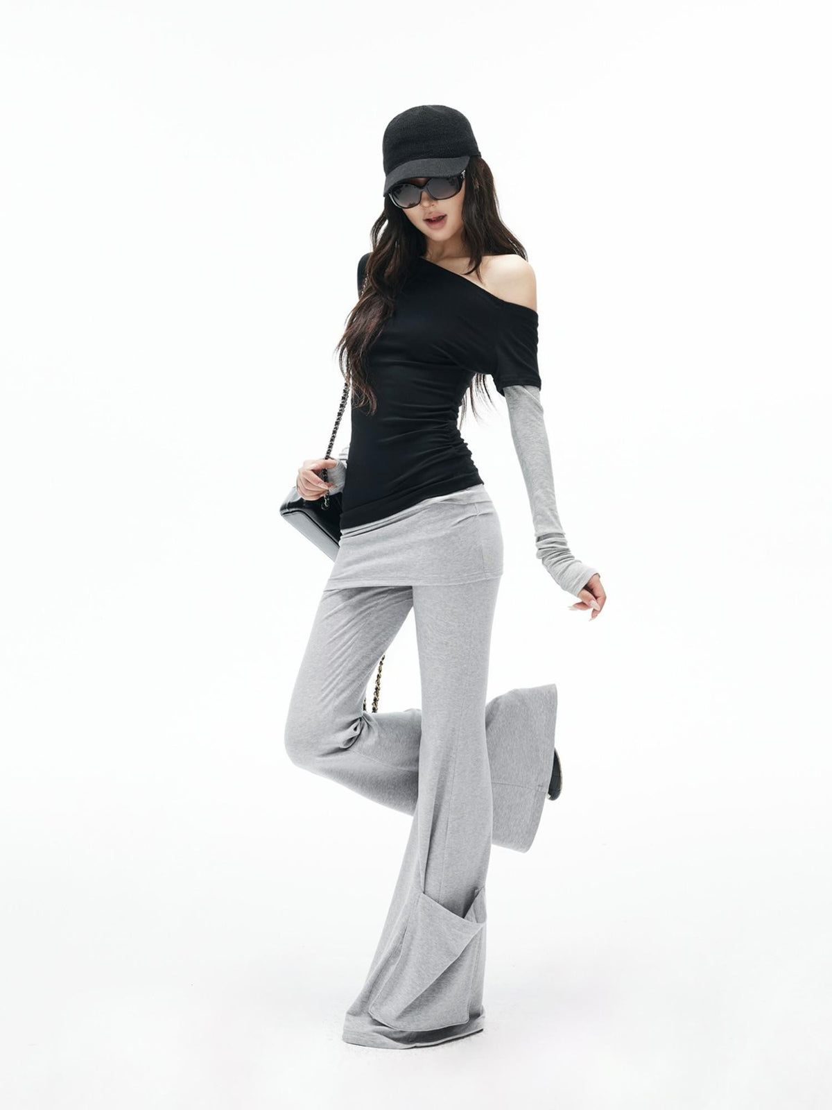 iamxiaa Black Grey Color Block Asymmetric One Shoulder Slim Fit Women&