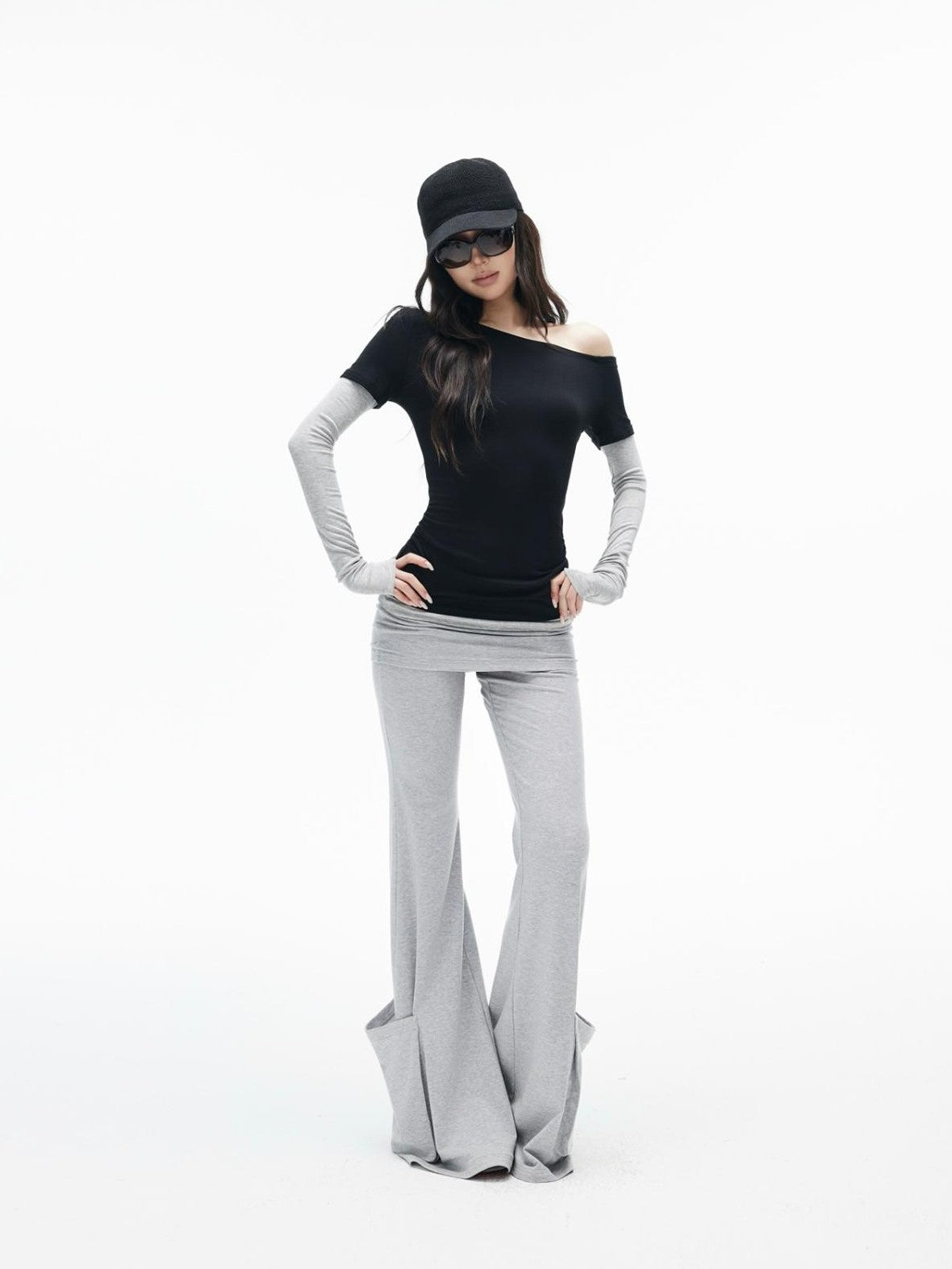 iamxiaa Black Grey Color Block Asymmetric One Shoulder Slim Fit Women&