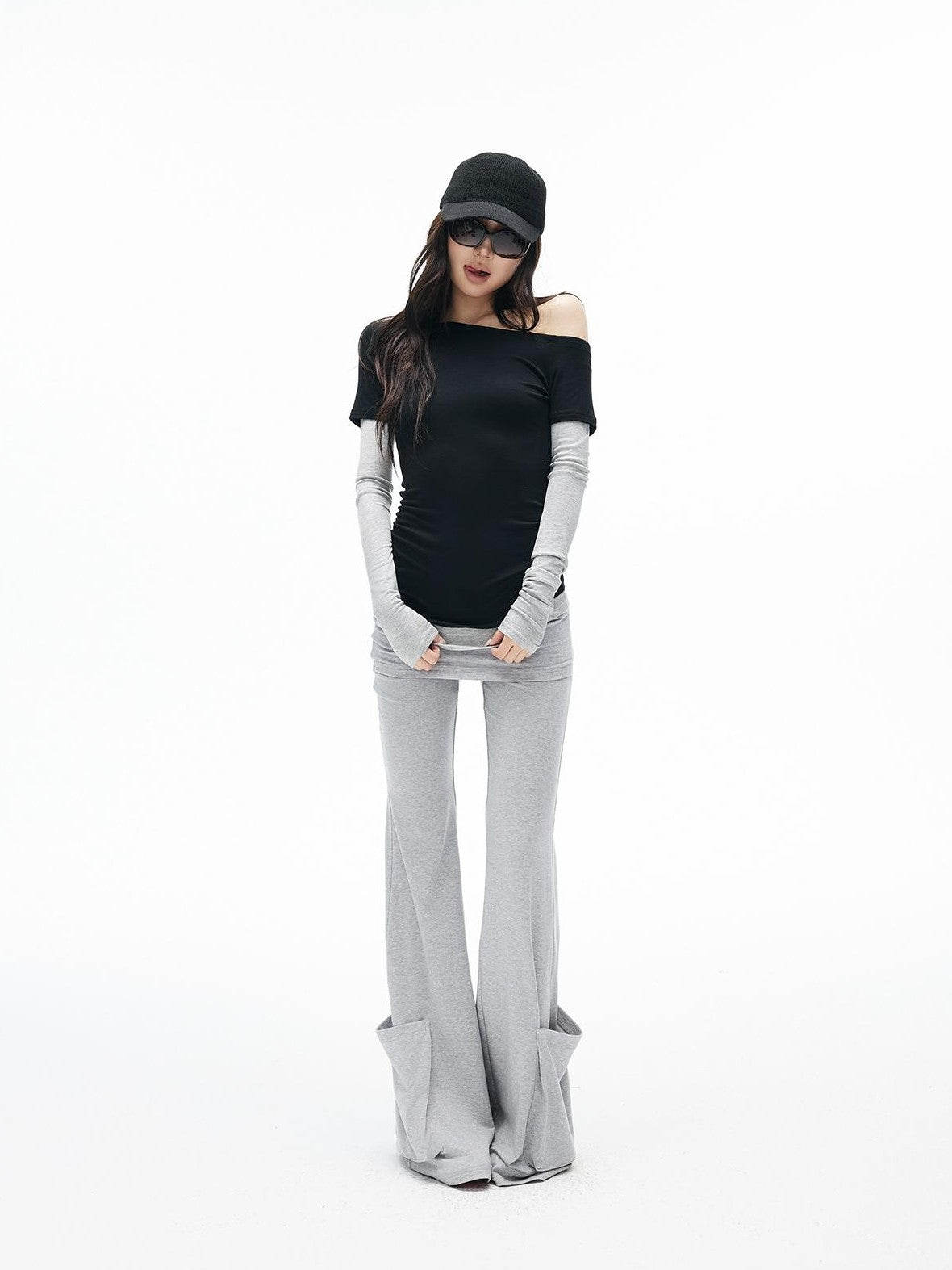 iamxiaa Black Grey Color Block Asymmetric One Shoulder Slim Fit Women&