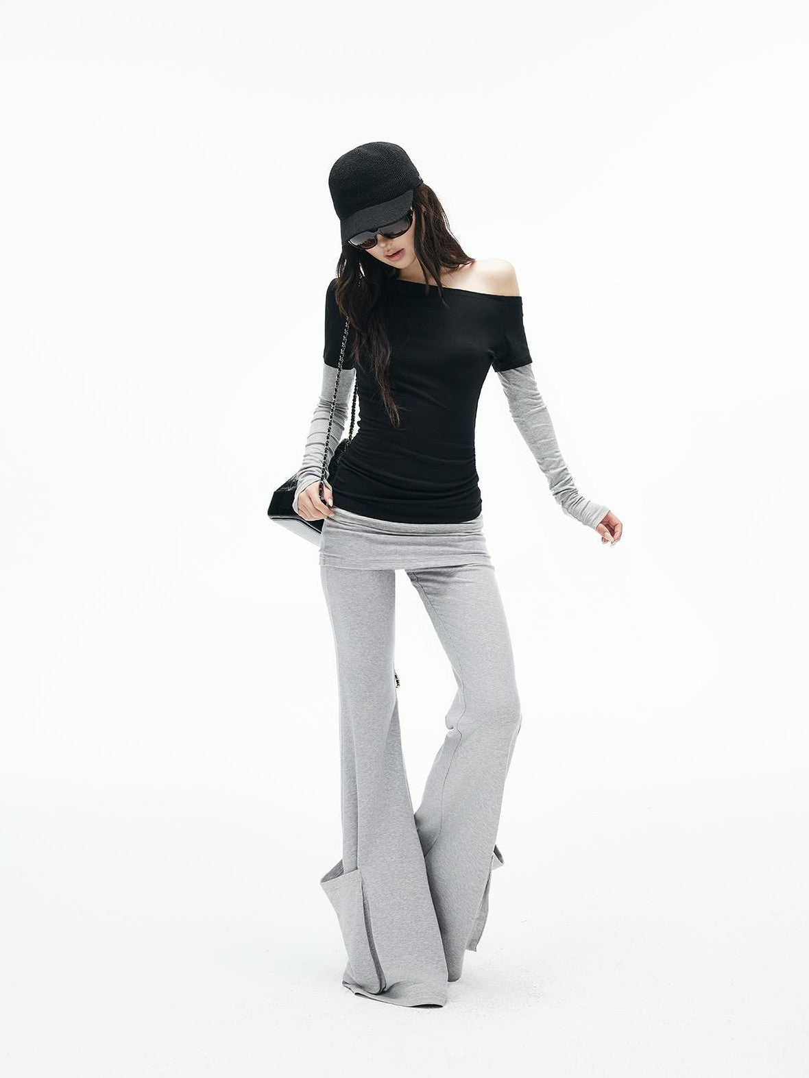 iamxiaa Black Grey Color Block Asymmetric One Shoulder Slim Fit Women&