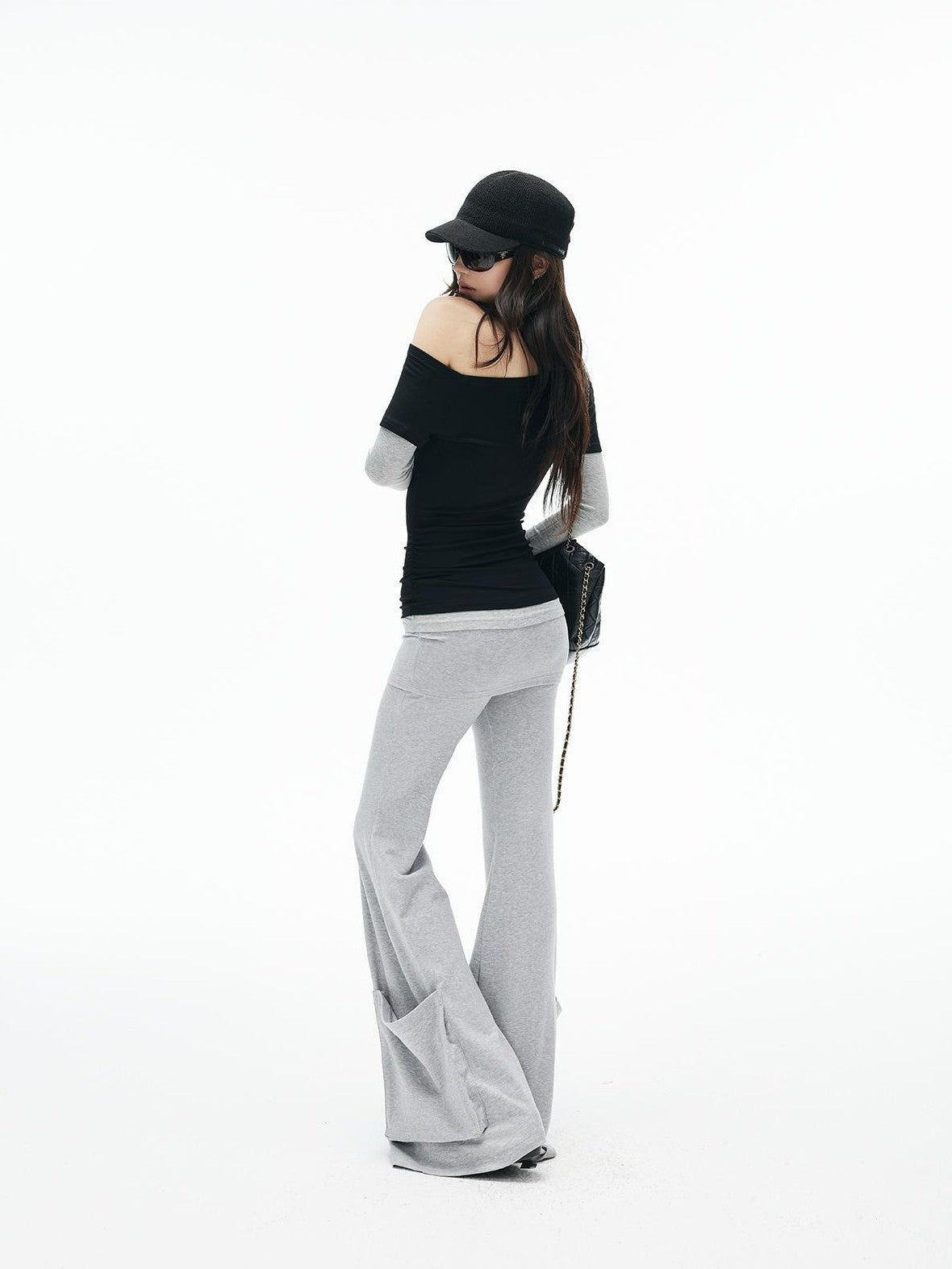iamxiaa Black Grey Color Block Asymmetric One Shoulder Slim Fit Women&