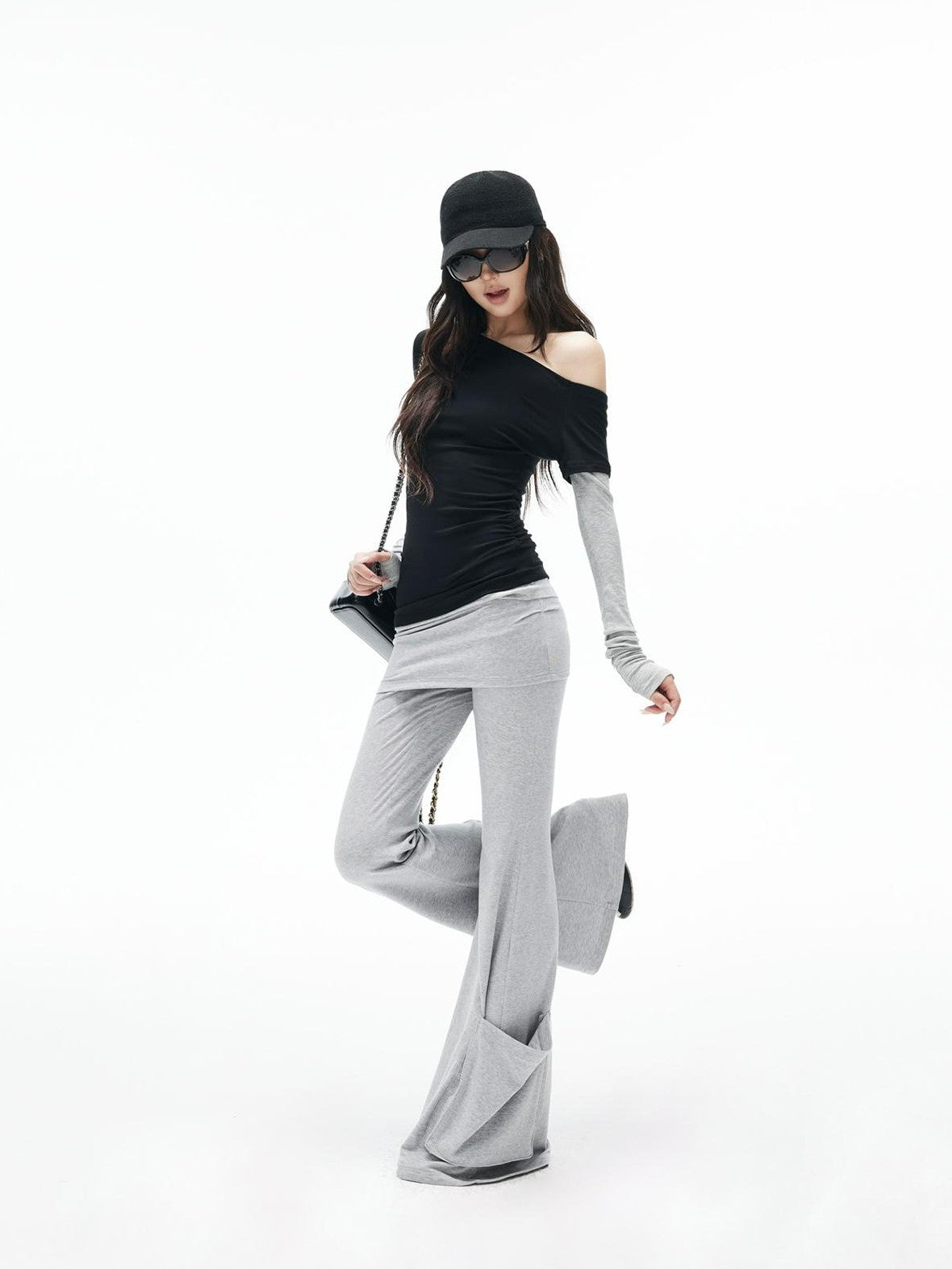 iamxiaa Black Grey Color Block Asymmetric One Shoulder Slim Fit Women&