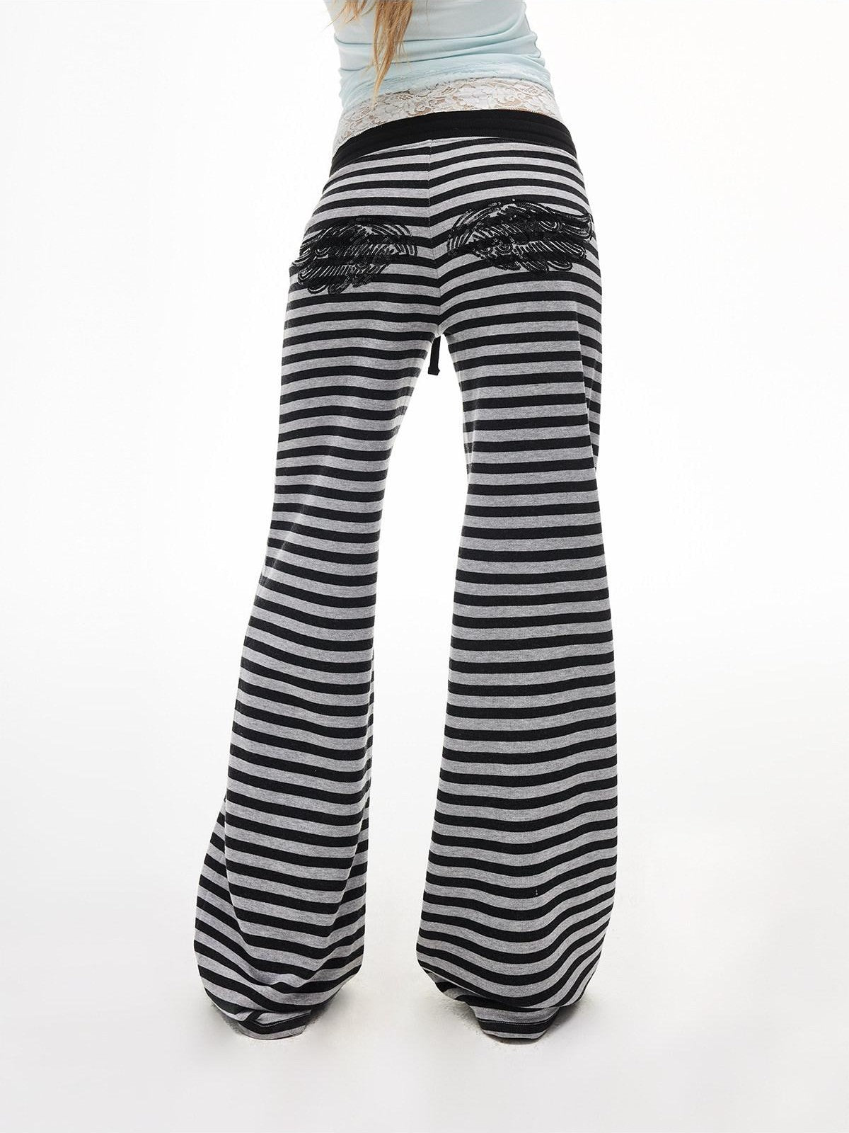 iamxiaa Black Grey Striped Sequin Embroidered Low Rise Women&
