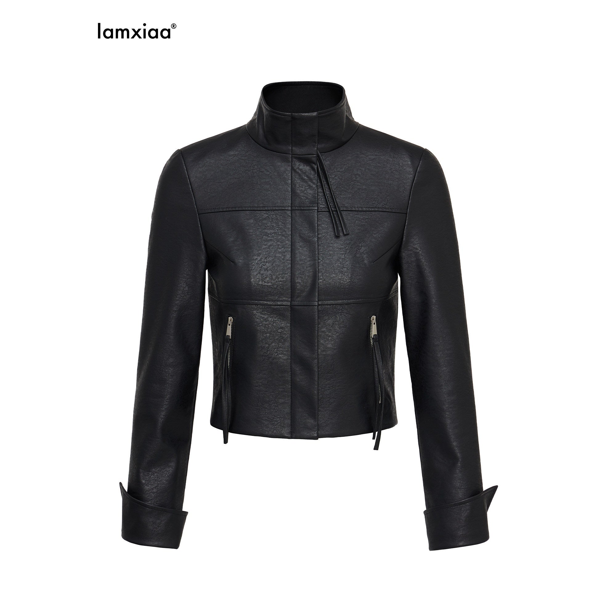 iamxiaa_Black_Matte_Marble_Print_Stand_Collar_Cropped_Slim_Women&