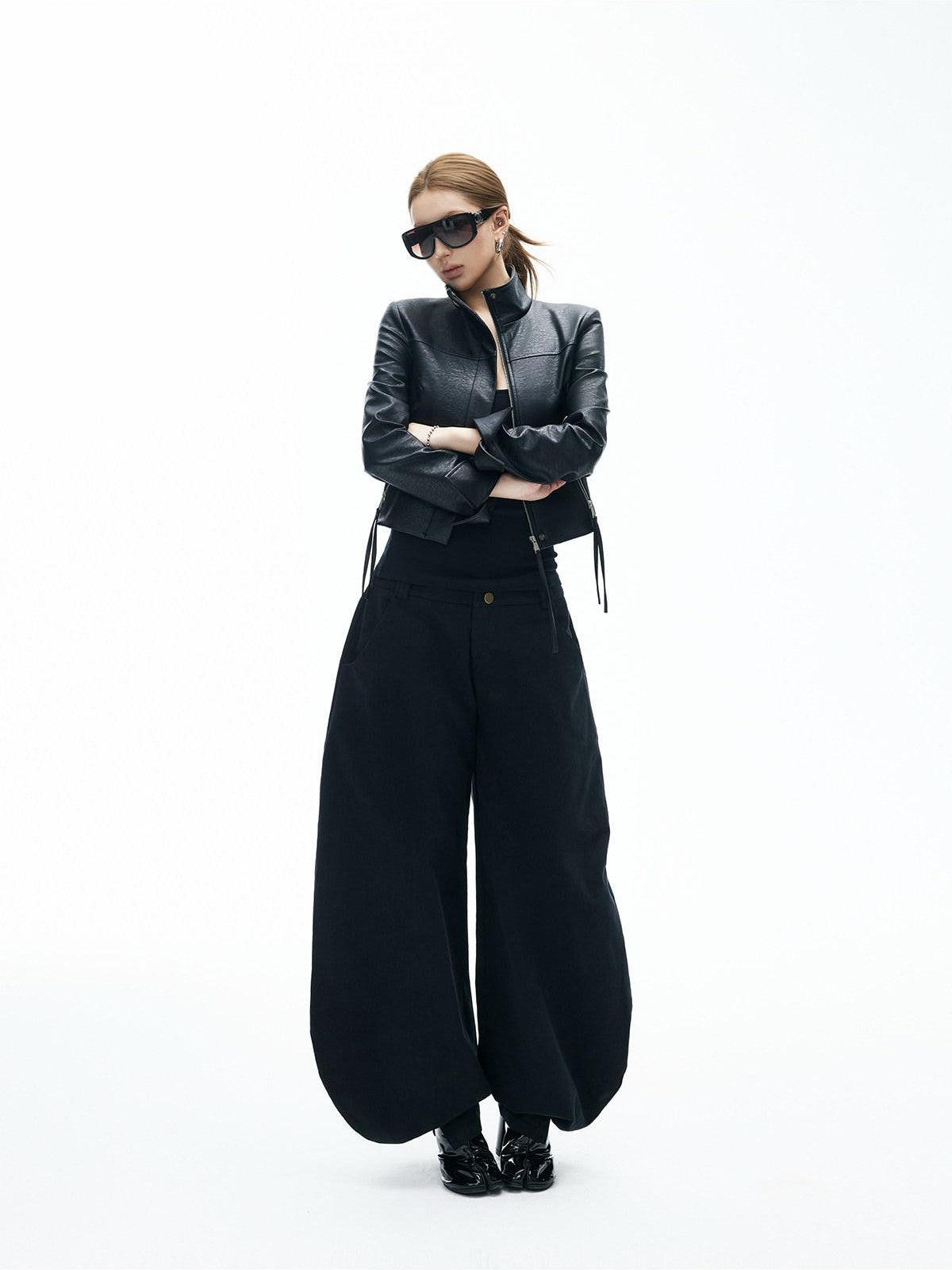 iamxiaa Black Matte Marble Print Stand Collar Cropped Slim Women&