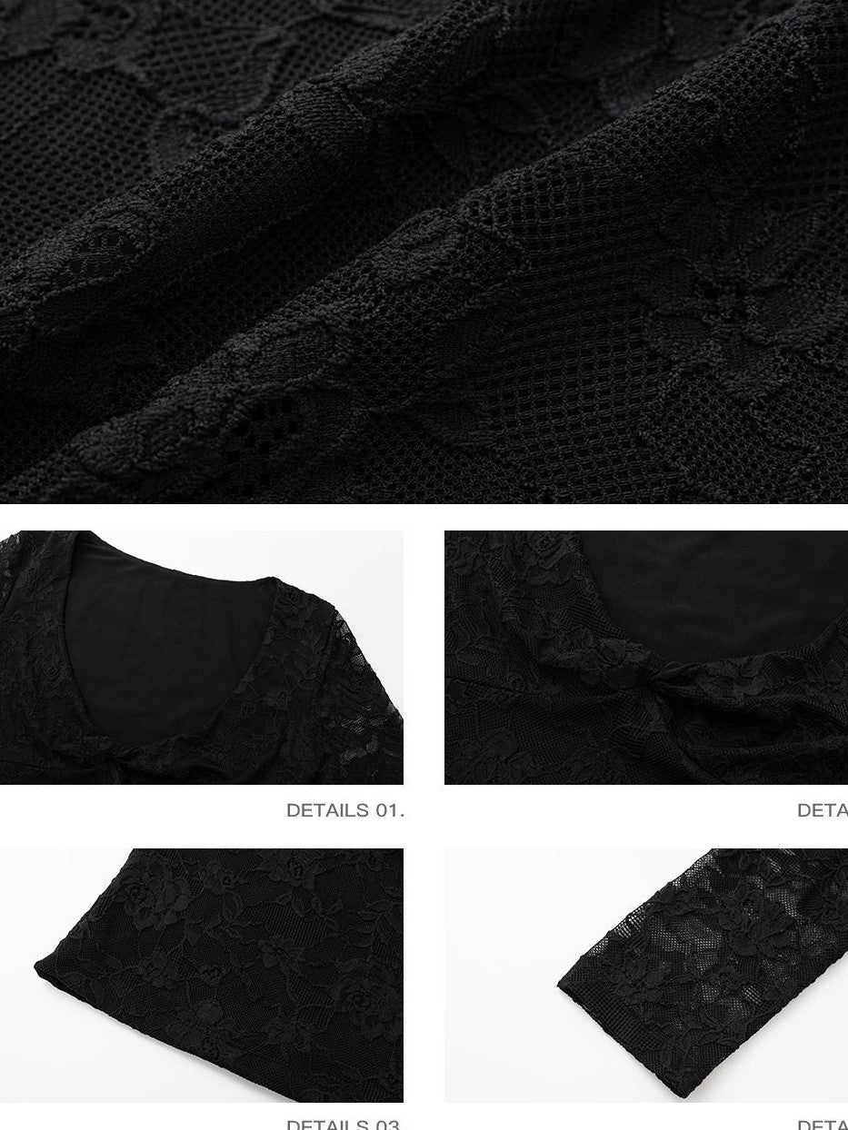 iamxiaa Black Rose Floral Stretch Lace Deep V Twist Ruched Women&