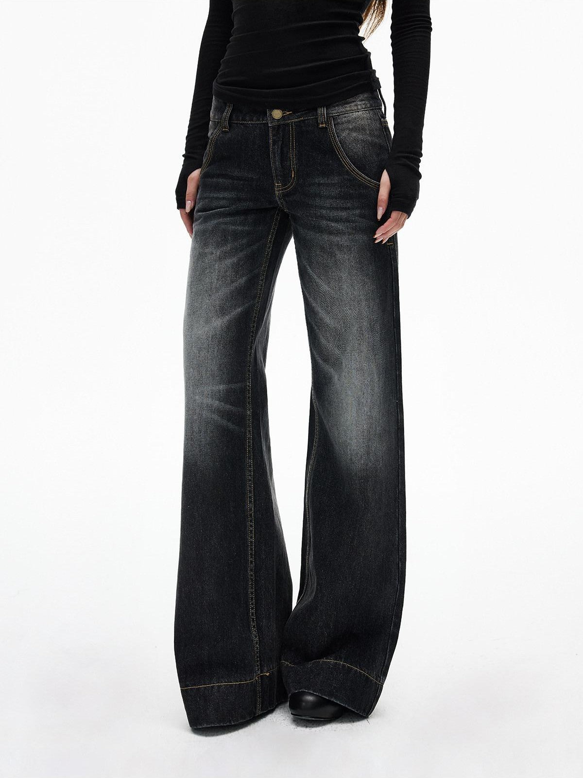 iamxiaa Black Washed Double Button Wide Waist Women&