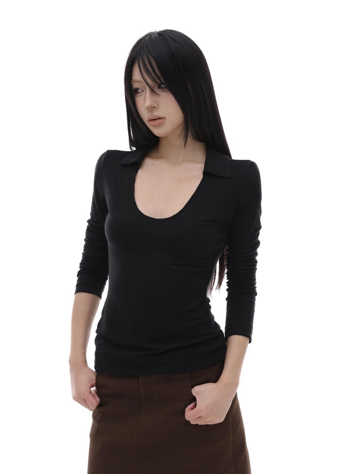 iamxiaa Black White Fringed Polo Collar Knit Women&