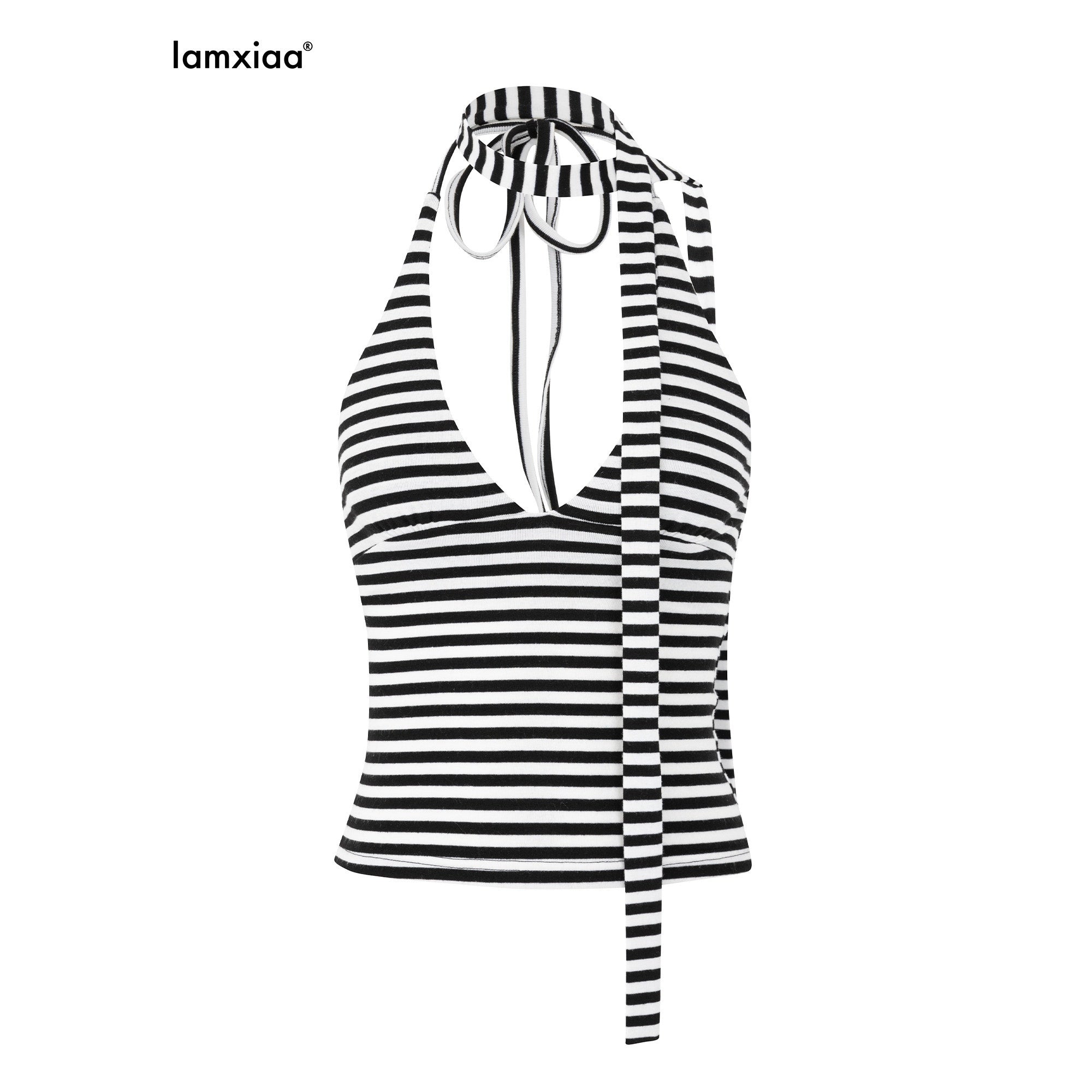 iamxiaa_Black_White_Striped_Halter_Tie_Foldover_Waist_Women&