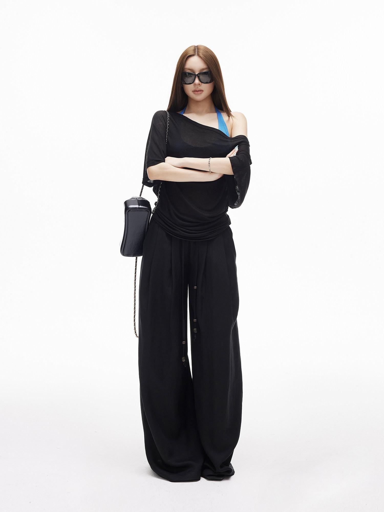 iamxiaa Breathable Textured Beaded Drawstring Double Pleat Low Rise Women&